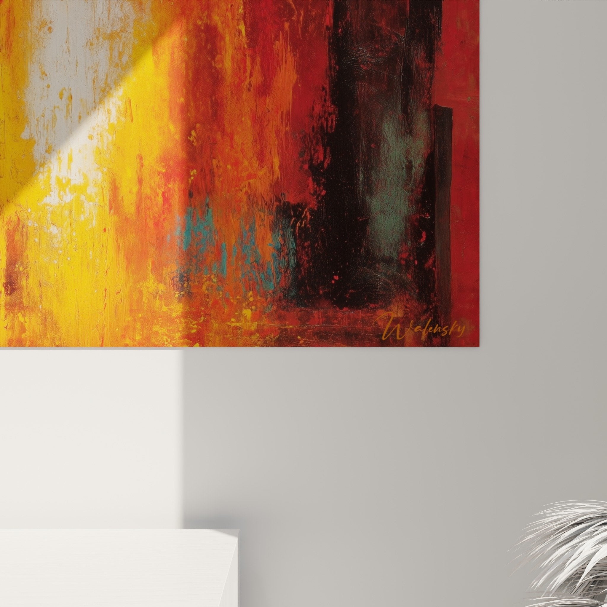 Vue ensemble tableau abstrait flammes energetiques orange rouge feng shui sud feu