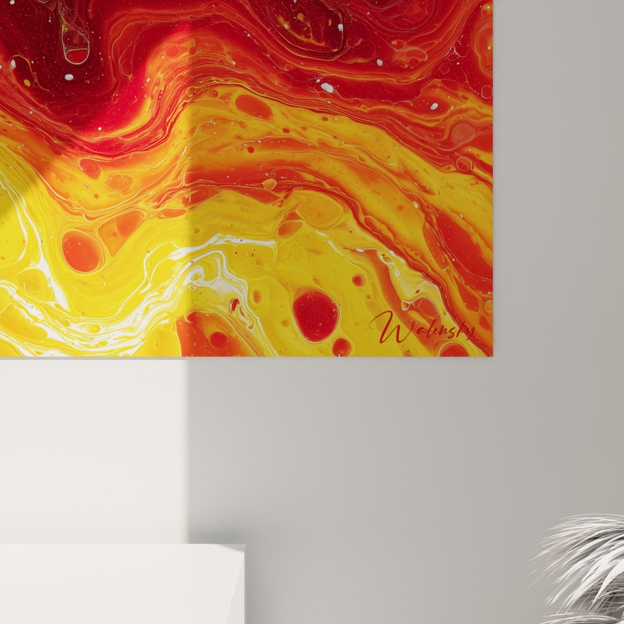 Vue ensemble tableau flammes abstraites rouge orange salon moderne decoration feng shui sud feu ambiance