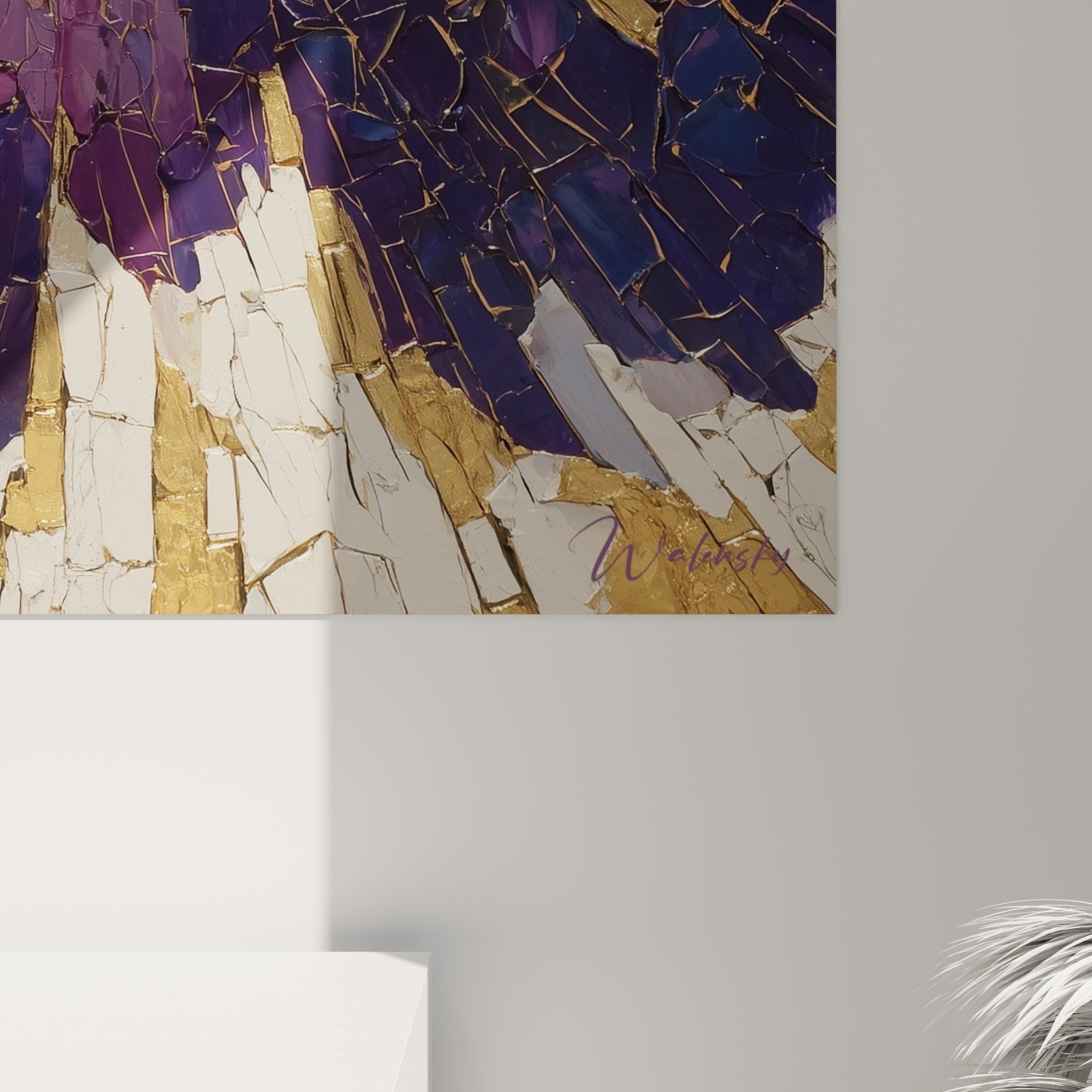 Vue d'ensemble tableau mural fleur stylisee violette or craquele feng shui decoration