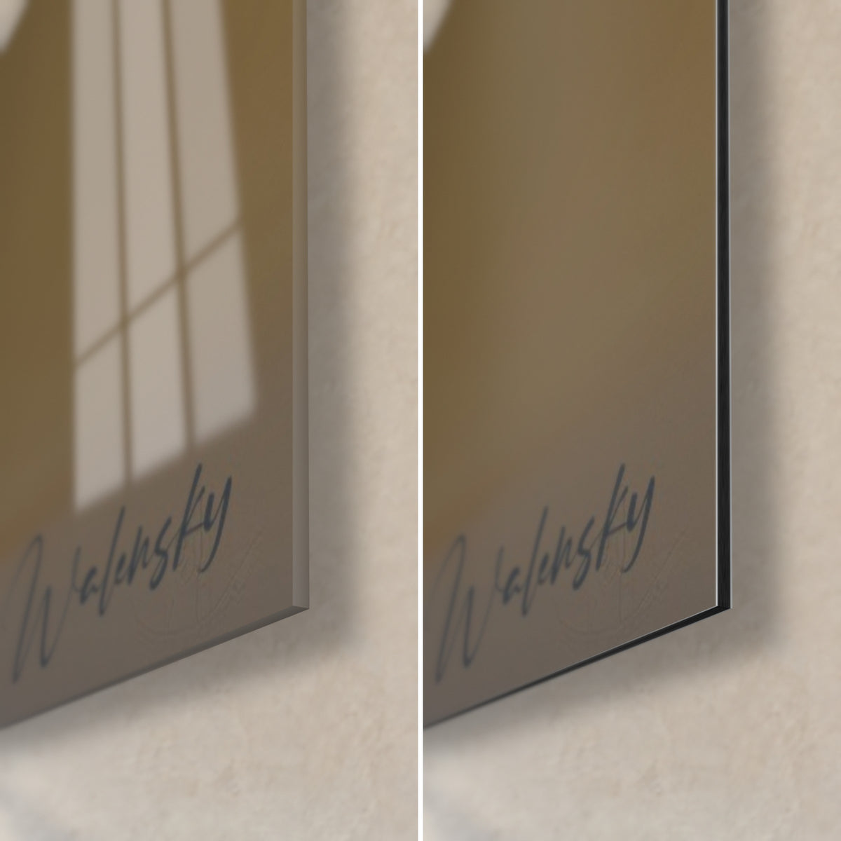 Wall art wavy flower in peach and midnight blue, bottom right corner: glossy acrylic glass on the left, matte Dibond aluminum on the right, 3 mm edge