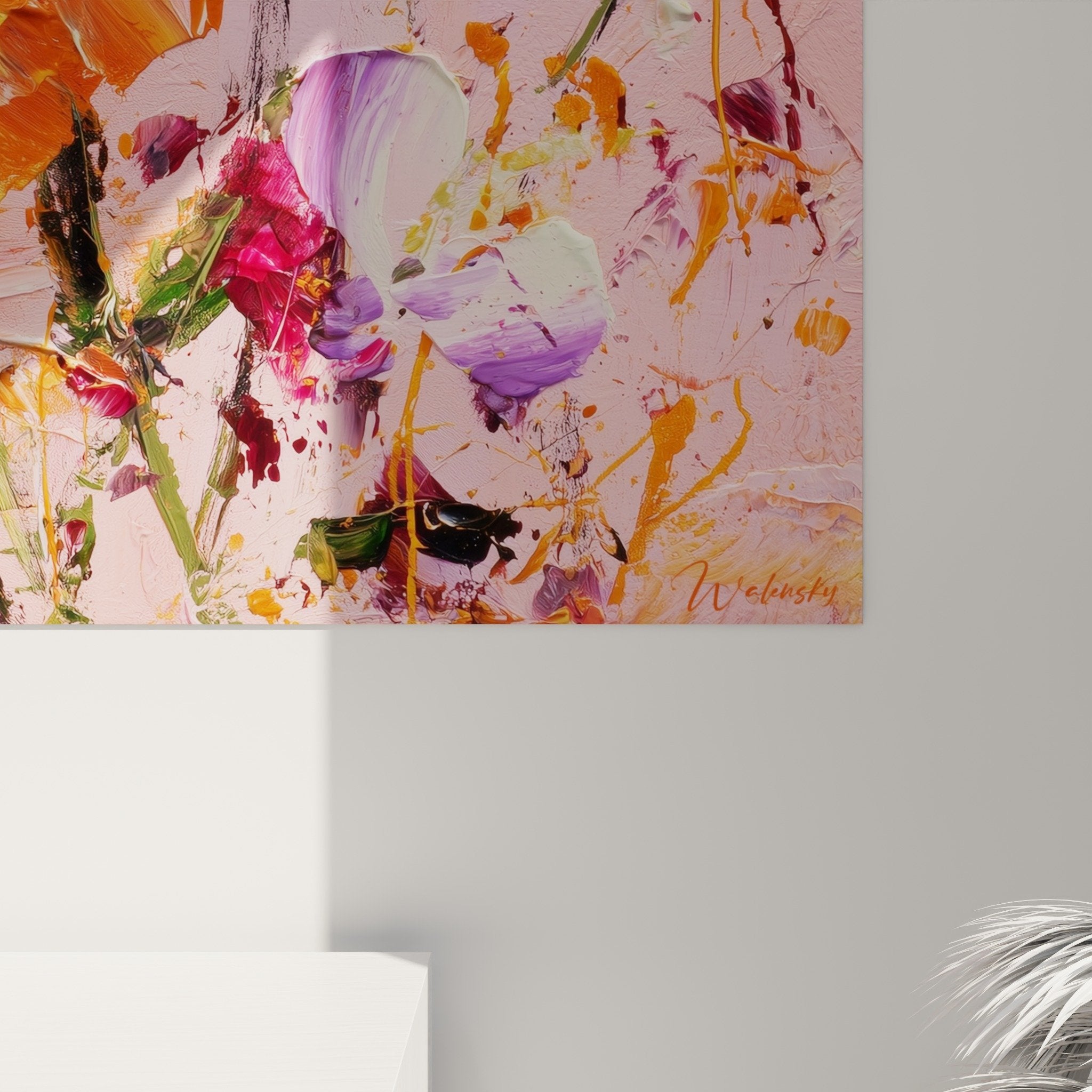 Vue ensemble tableau fleurs abstraites rose orange décoration murale feng shui sud-ouest terre