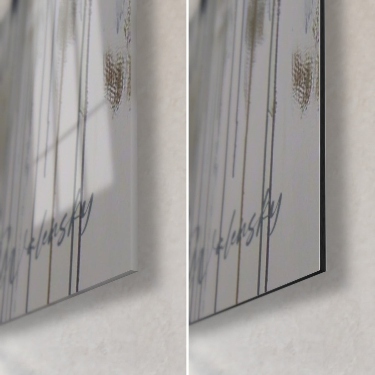 Gemälde mit weißen und goldenen Blumen, untere rechte Ecke: glänzendes Acrylglas links, mattes Dibond rechts, feine Kante, graue Laufspuren