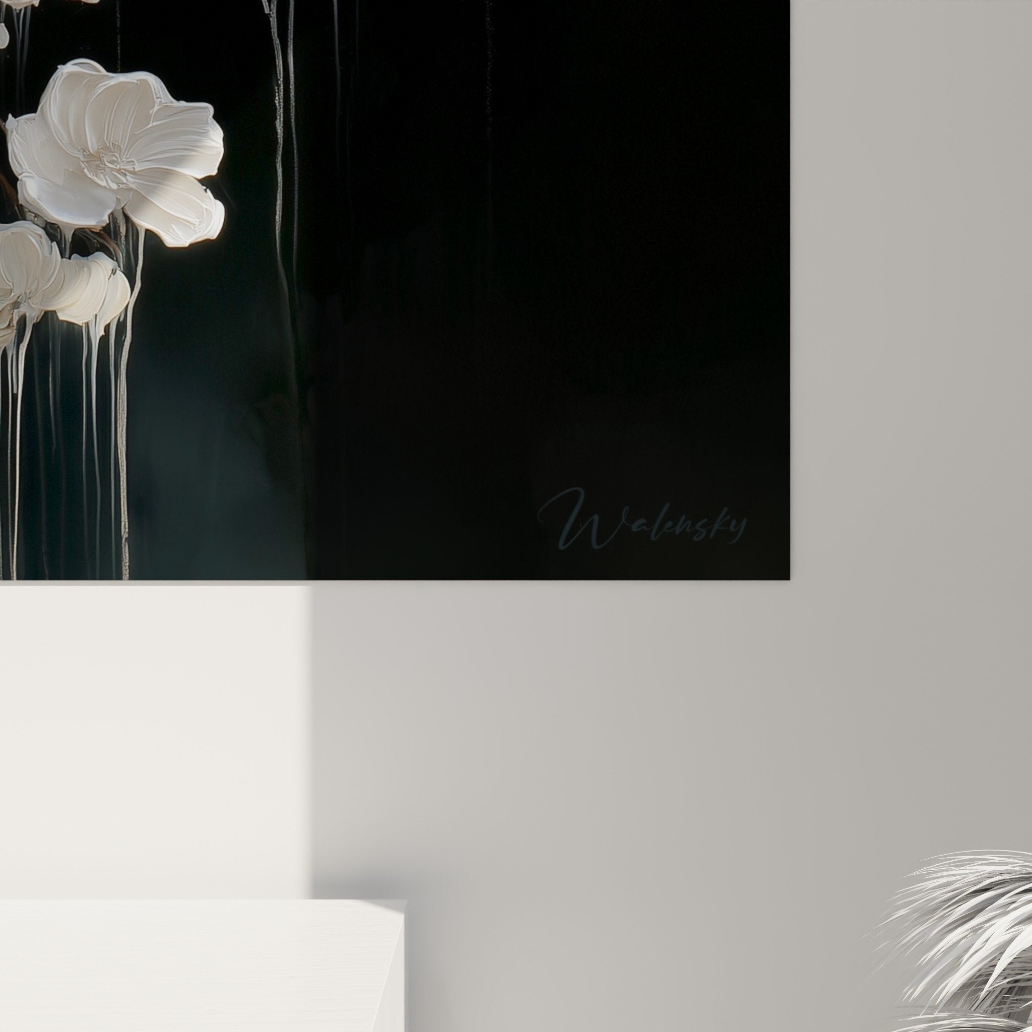 Full view white flowers cascade vertical artwork dark background metal wall art