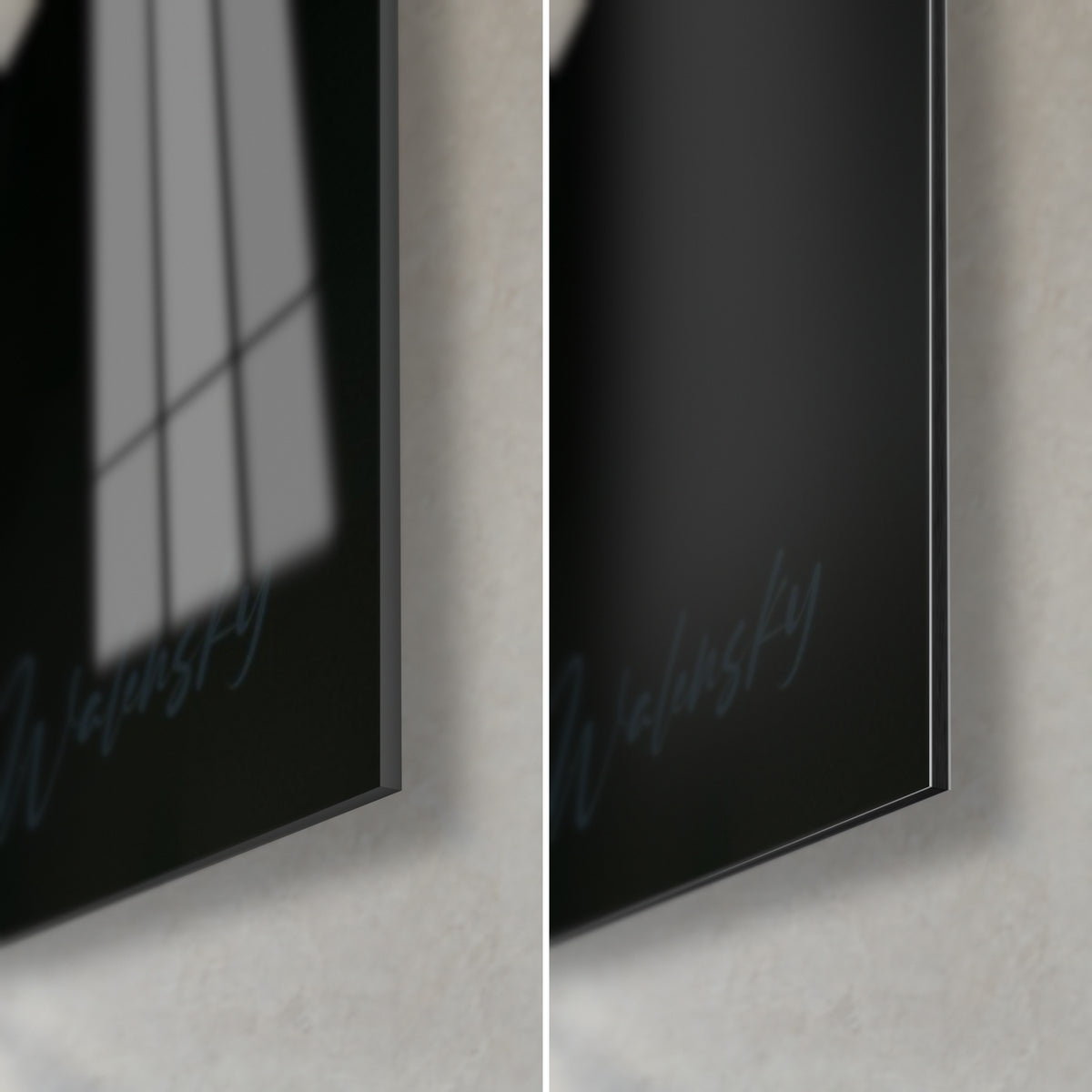 Gemälde mit skulptierten weißen Blüten, untere rechte Ecke: glänzendes Glas, das ein Fenster spiegelt, mattschwarzes Dibond-Aluminium, feine Kante