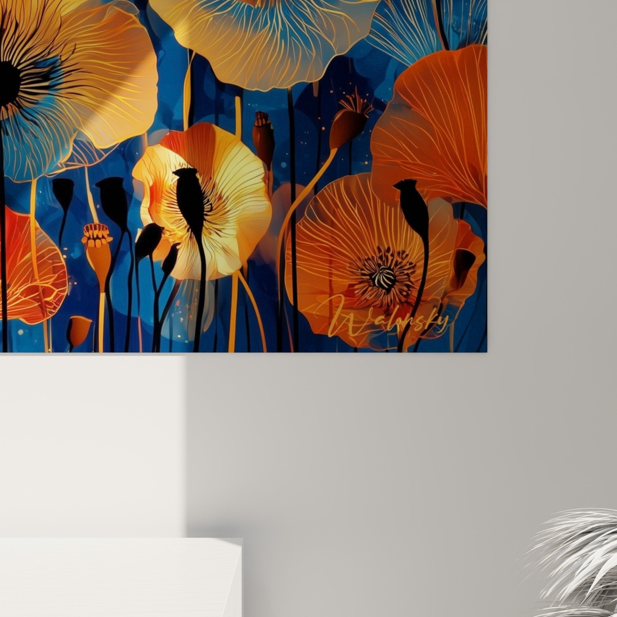 Vista d'insieme quadro papaveri arancioni blu, composizione floreale luminosa, arte murale contemporanea