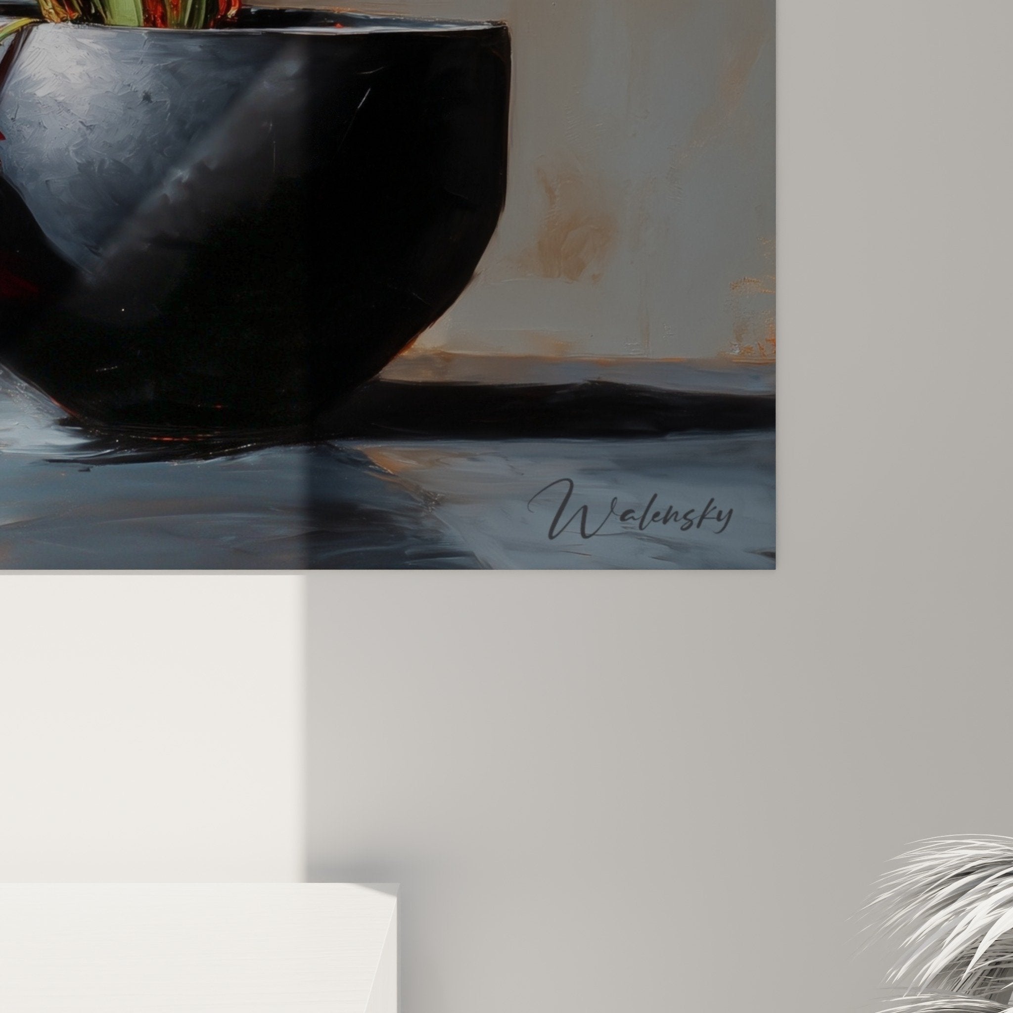 Overall view red flowers painting Japanese ikebana arrangement refined interior decoration