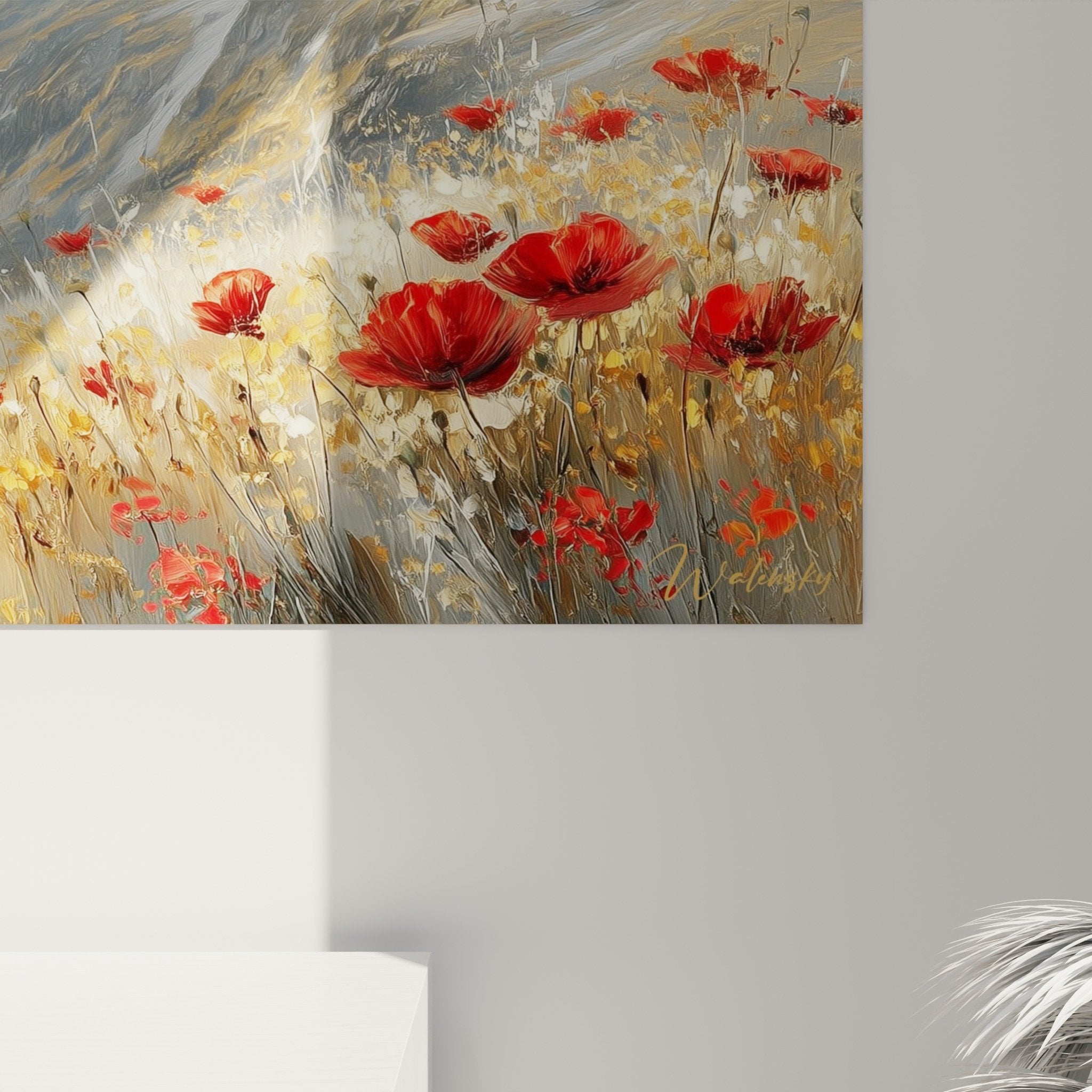 Vue ensemble tableau coquelicots vallee montagne tons ocre beige decoration interieur