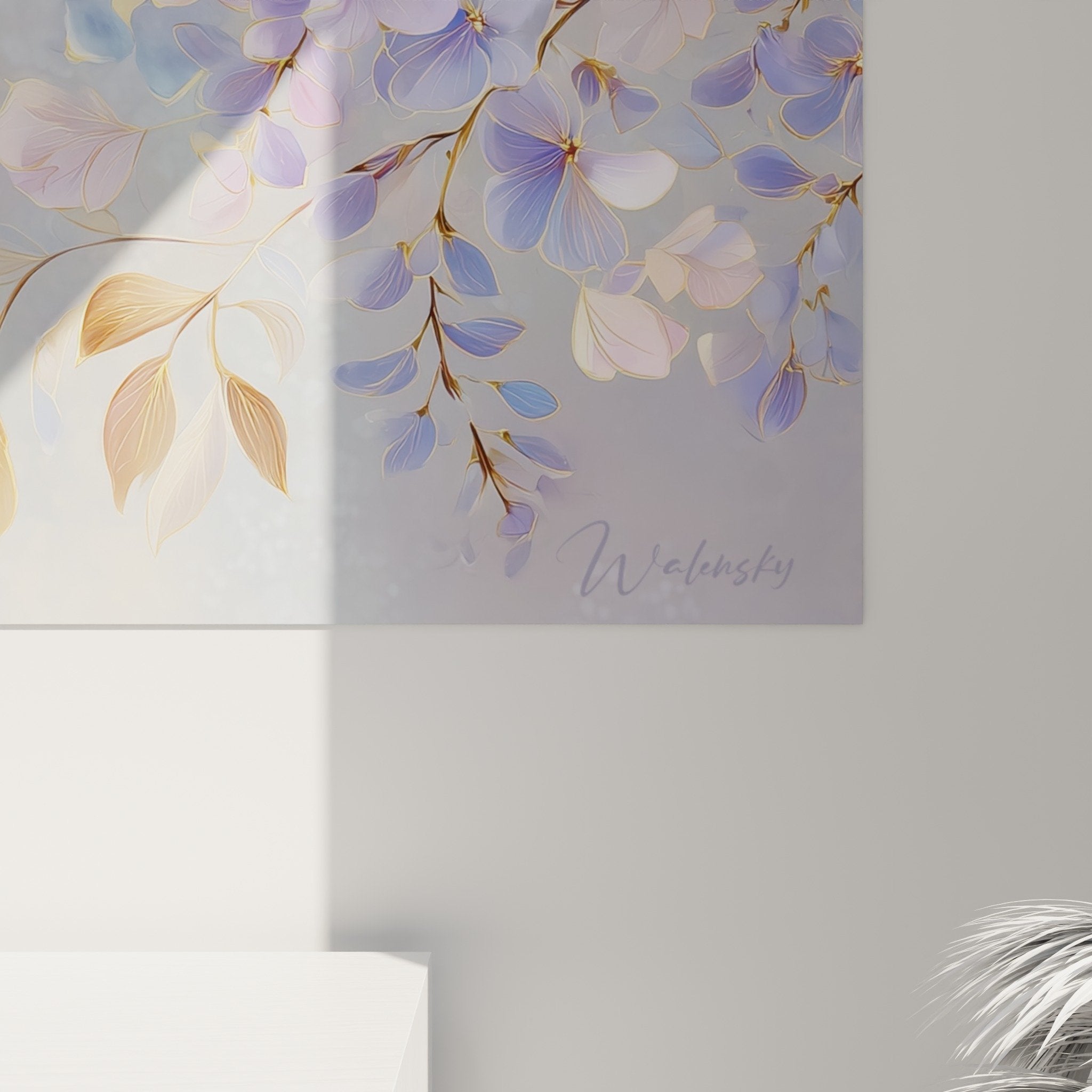Overall view purple flowers waterfall golden cascade feng shui southeast wood wall art decoration
