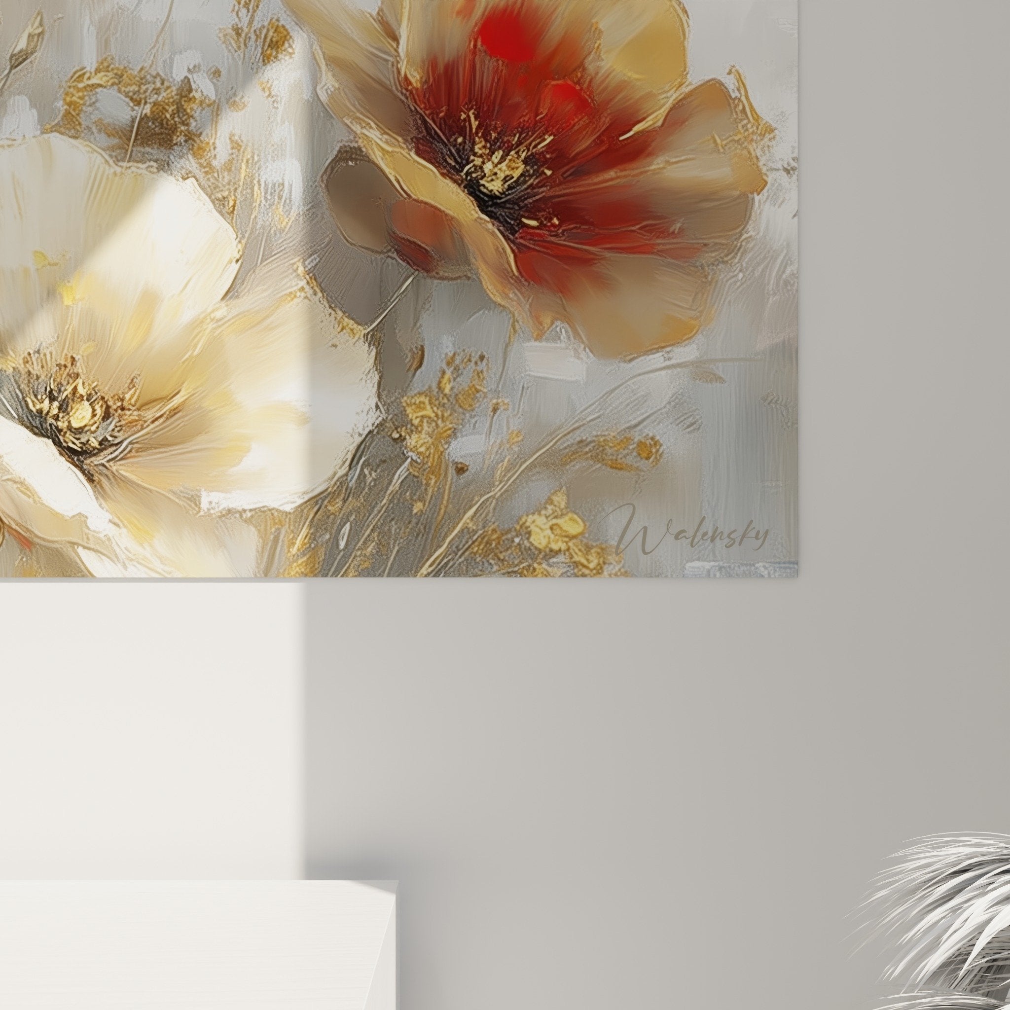Full view of golden poppy floral artwork red gray modern interior decor
