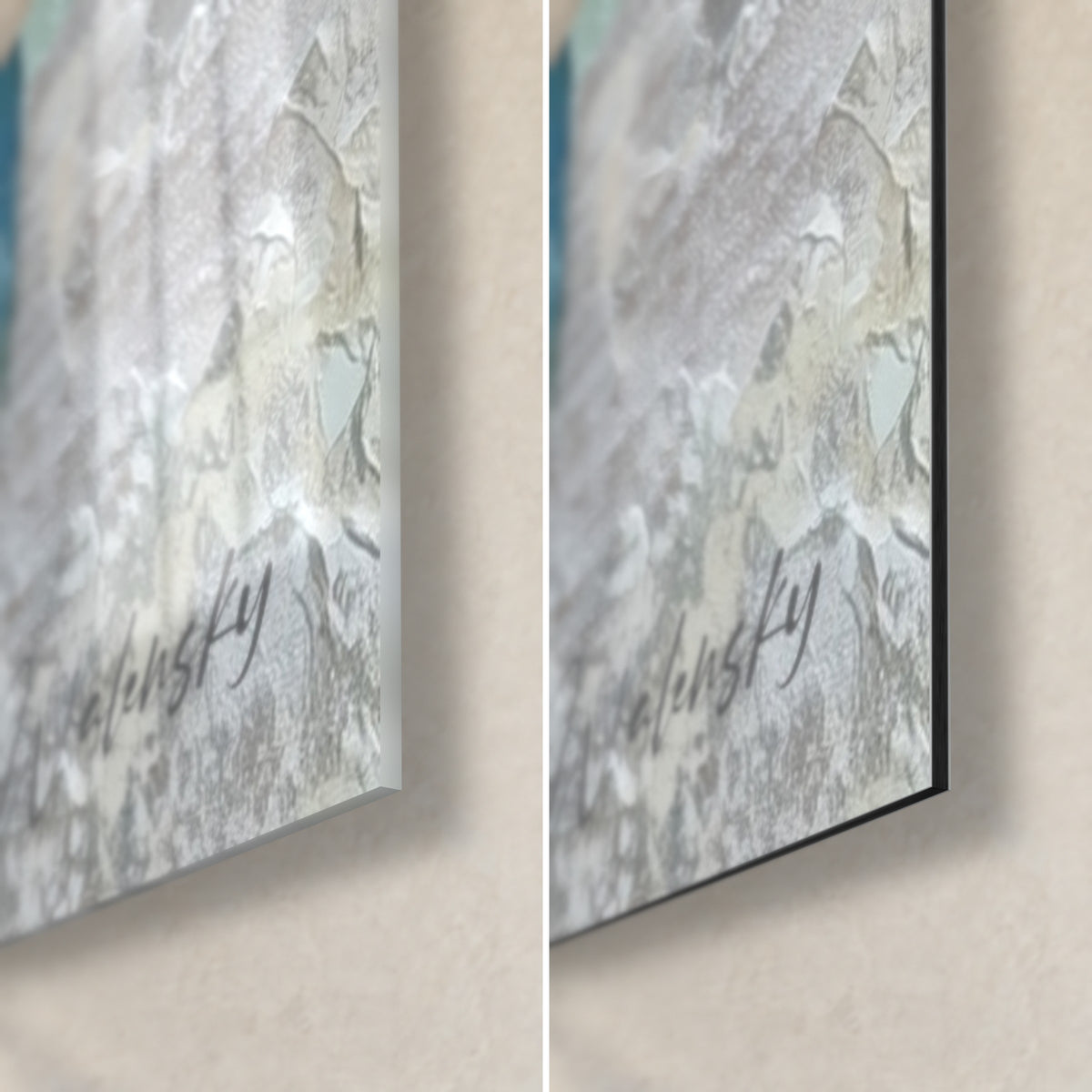 Wall art coral pink with Walensky signature, bottom right corner: glossy acrylic glass on the left, matte black Dibond aluminium on the right