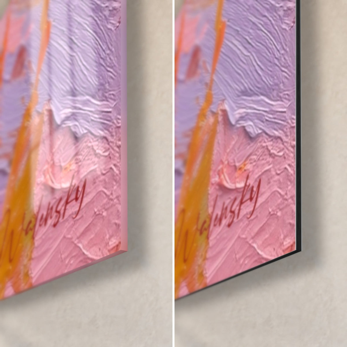 Tableau coup de pinceau lilas et rose en relief, signature Walensky, coin bas droit : verre brillant à gauche, Dibond mat à droite