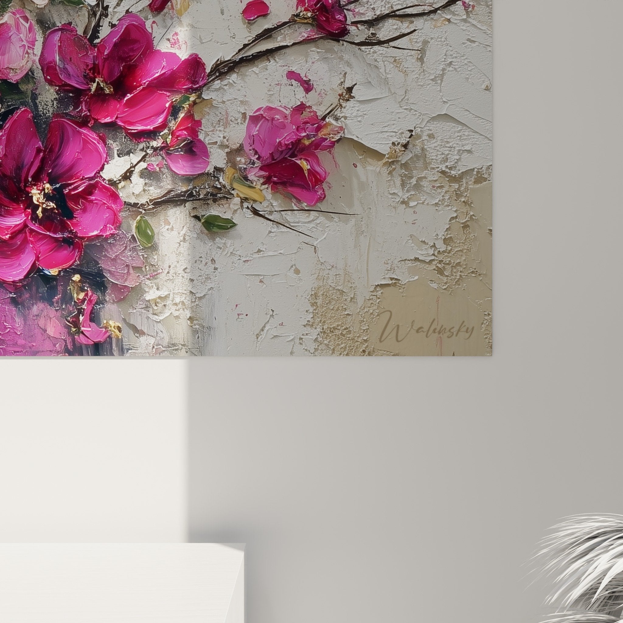 Vue ensemble tableau bouquet floral rose fuchsia mur beige decoration interieur feng shui sud-est bois salon
