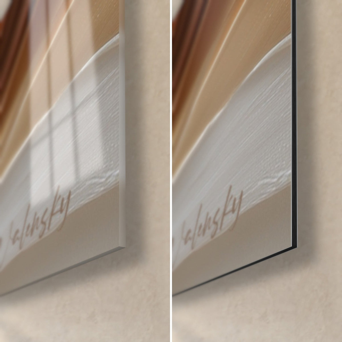 Quadro onde crema e rame su vetro lucido riflettente, di fronte all'alluminio Dibond opaco, bordo sottile da 3 mm, firma Walensky