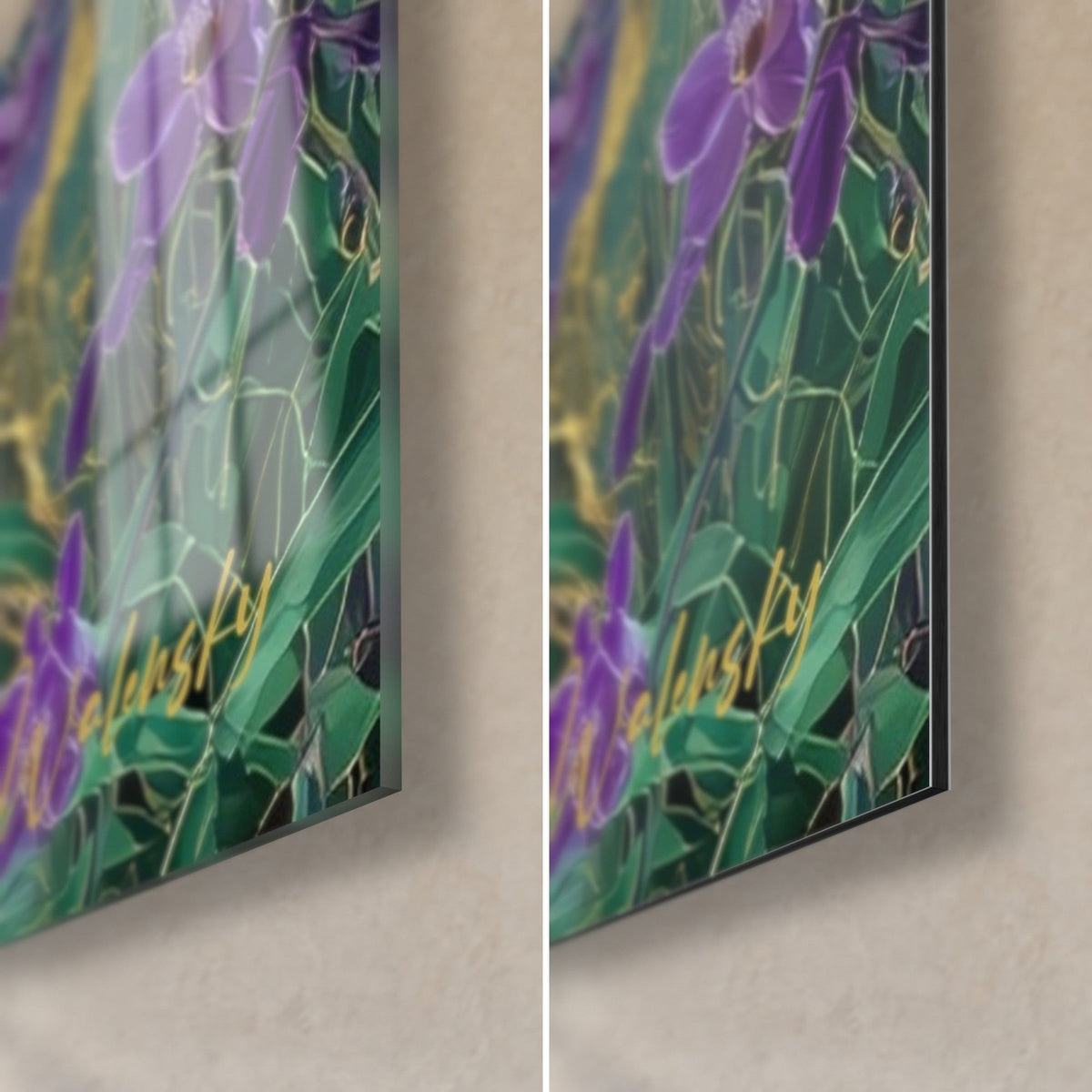 Gemälde violette Orchideen und tiefgrüne Blätter, untere rechte Ecke, glänzendes Acrylglas links, mattes Dibond-Aluminium rechts, 3 mm Stärke