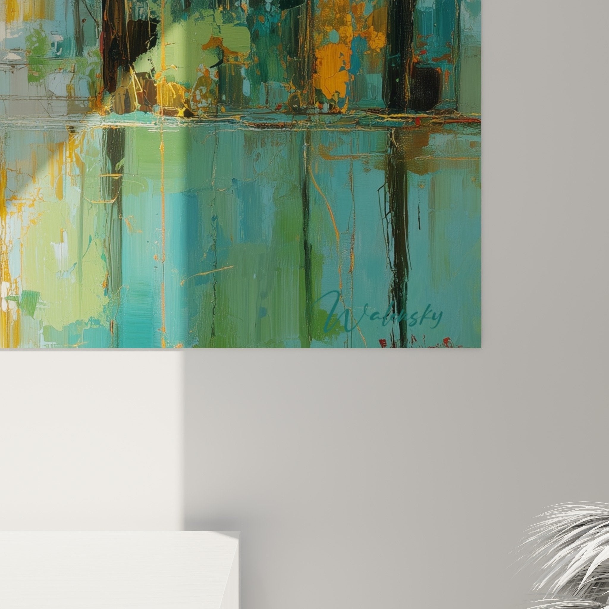Abstract Forest Painting Green Gold Tones - Feng Shui East Wood