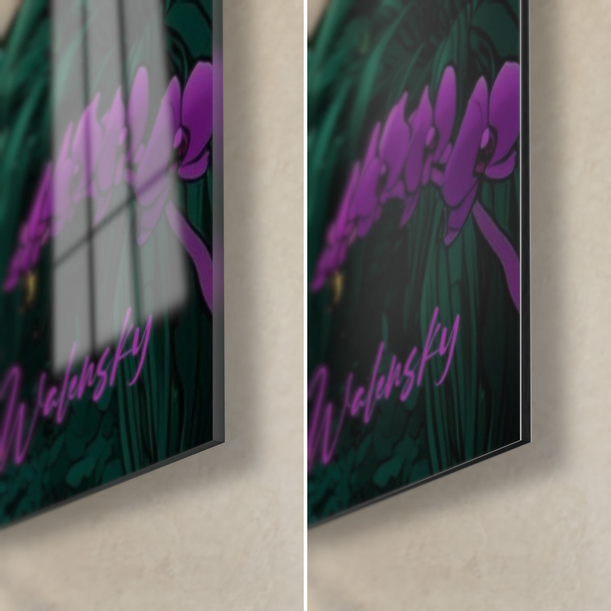 Gemälde Orchideen in Magenta und smaragdgrünen Blättern, Walensky-Signatur, untere rechte Ecke aus glänzendem Glas und mattem Dibond-Aluminium