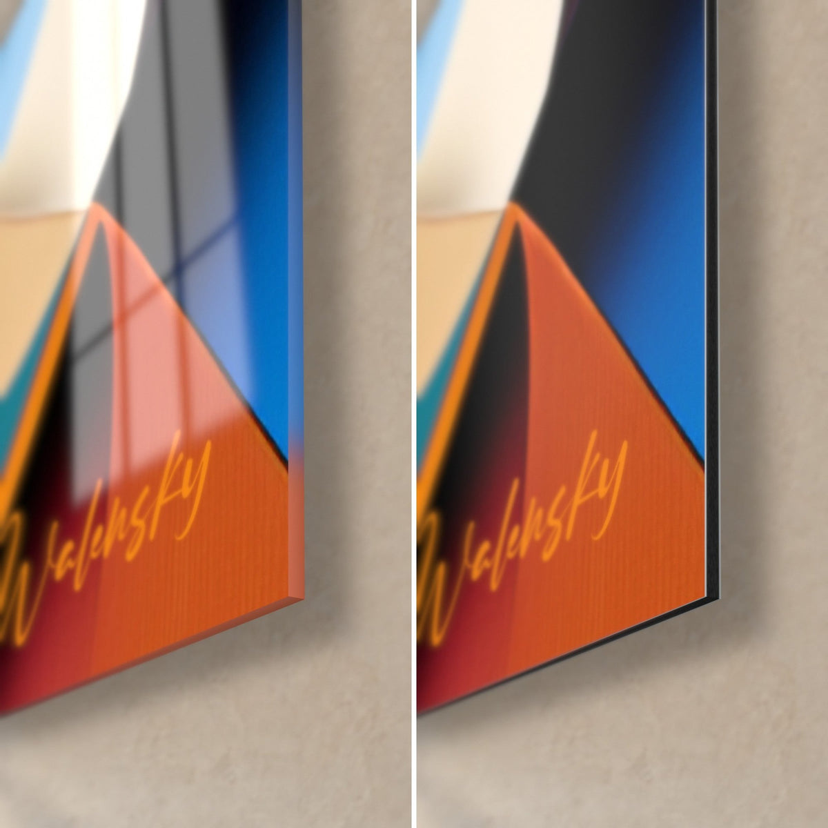 Wall art with an abstract cubist composition in orange and blue, bottom right corner in glossy glass and matte Dibond aluminium, 3 mm thickness