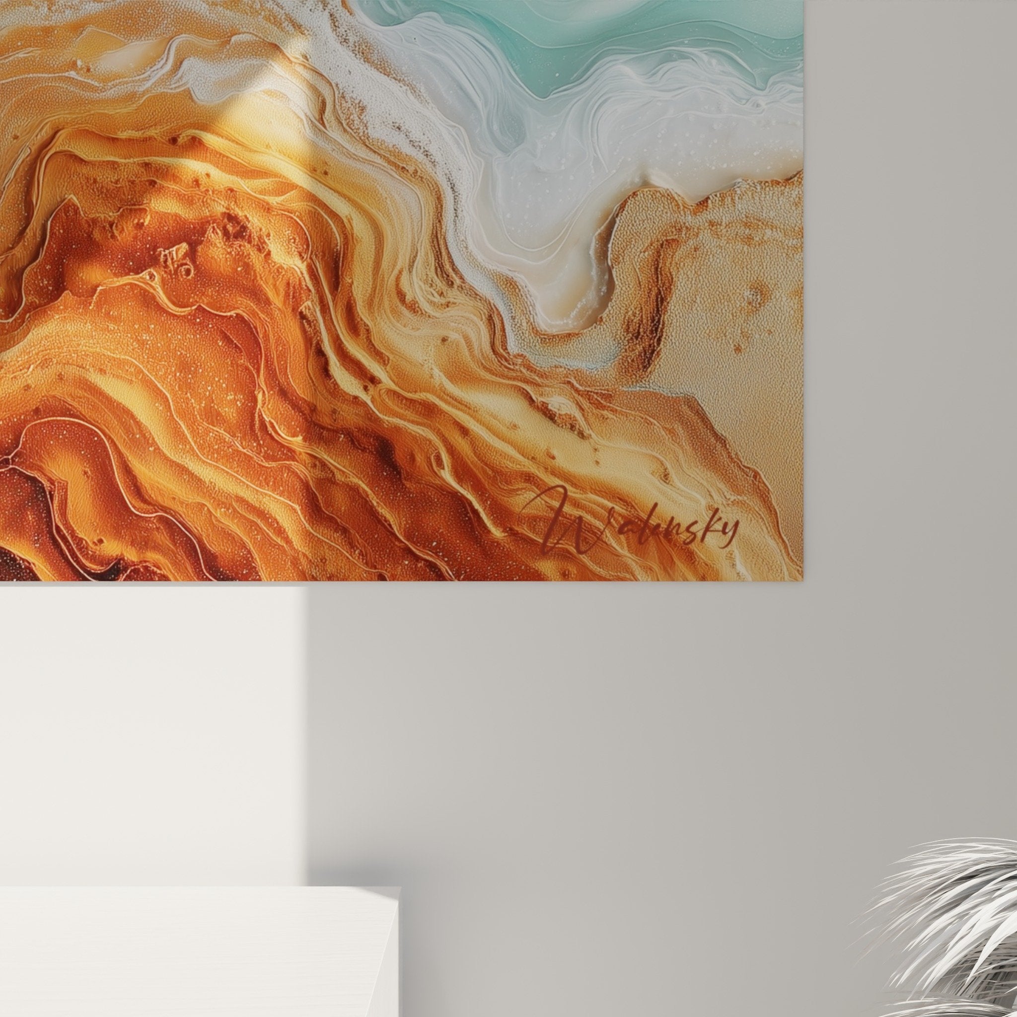 Vue ensemble tableau abstrait formes fluides couleurs terre turquoise decoration murale feng shui nord-est