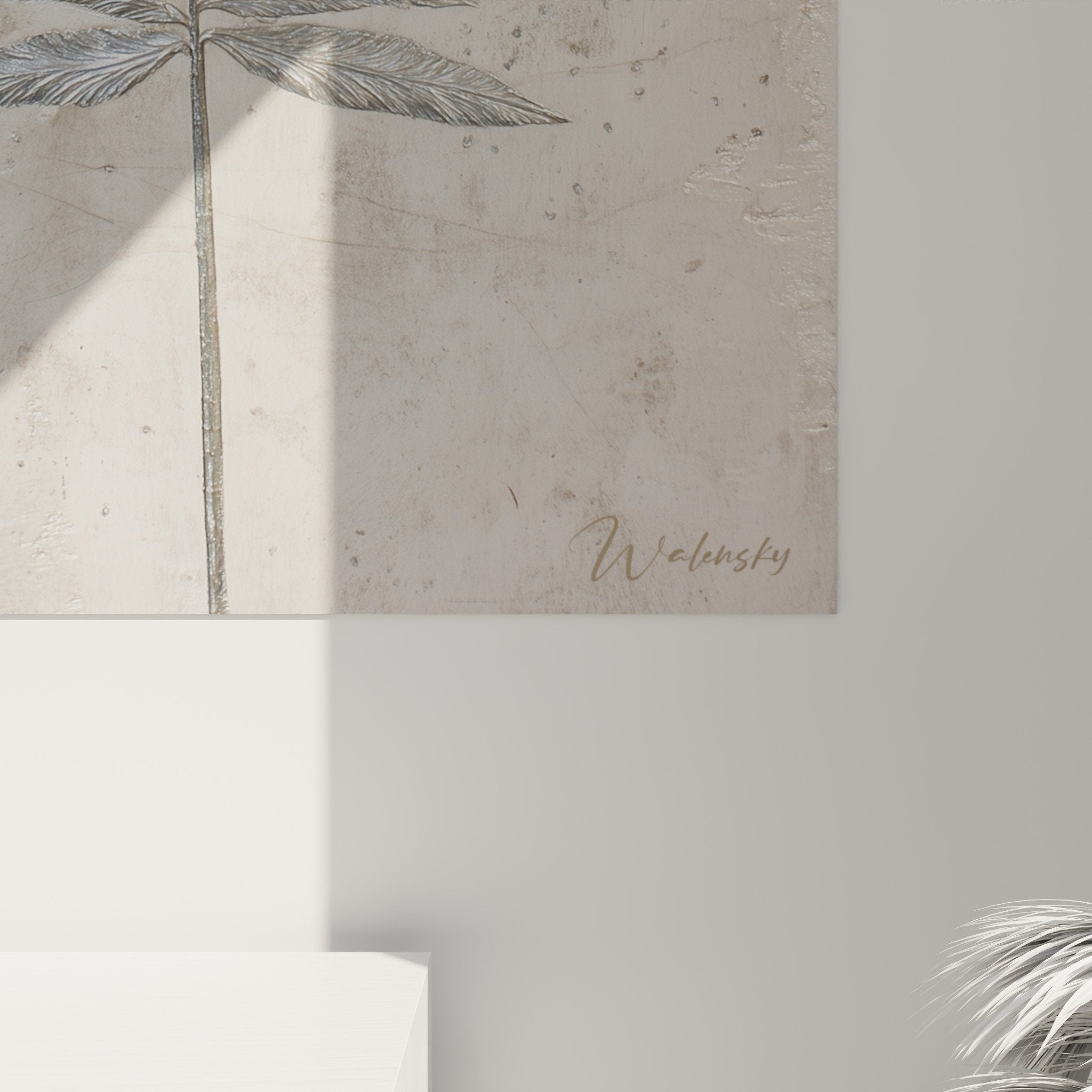 Silver fern wall art beige background feng shui west metal perspective view interior decoration