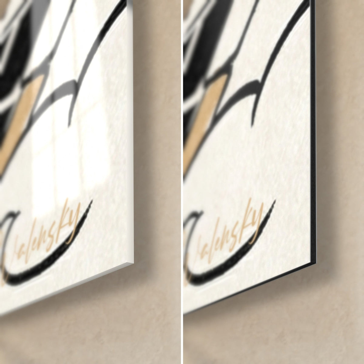 Wall art wire-haired terrier, front paw on black tiles, Walensky signature in ochre, glossy glass and matte Dibond, 3 mm edge