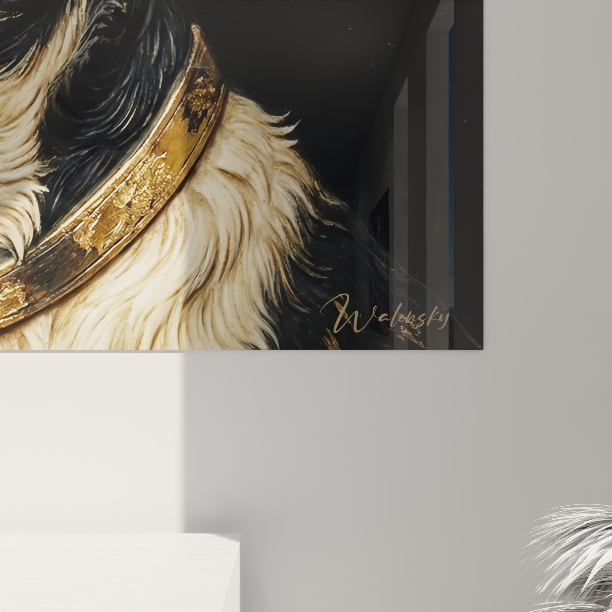 Vue ensemble tableau Fox Terrier decoration interieur portrait chien collier dore cadre elegant