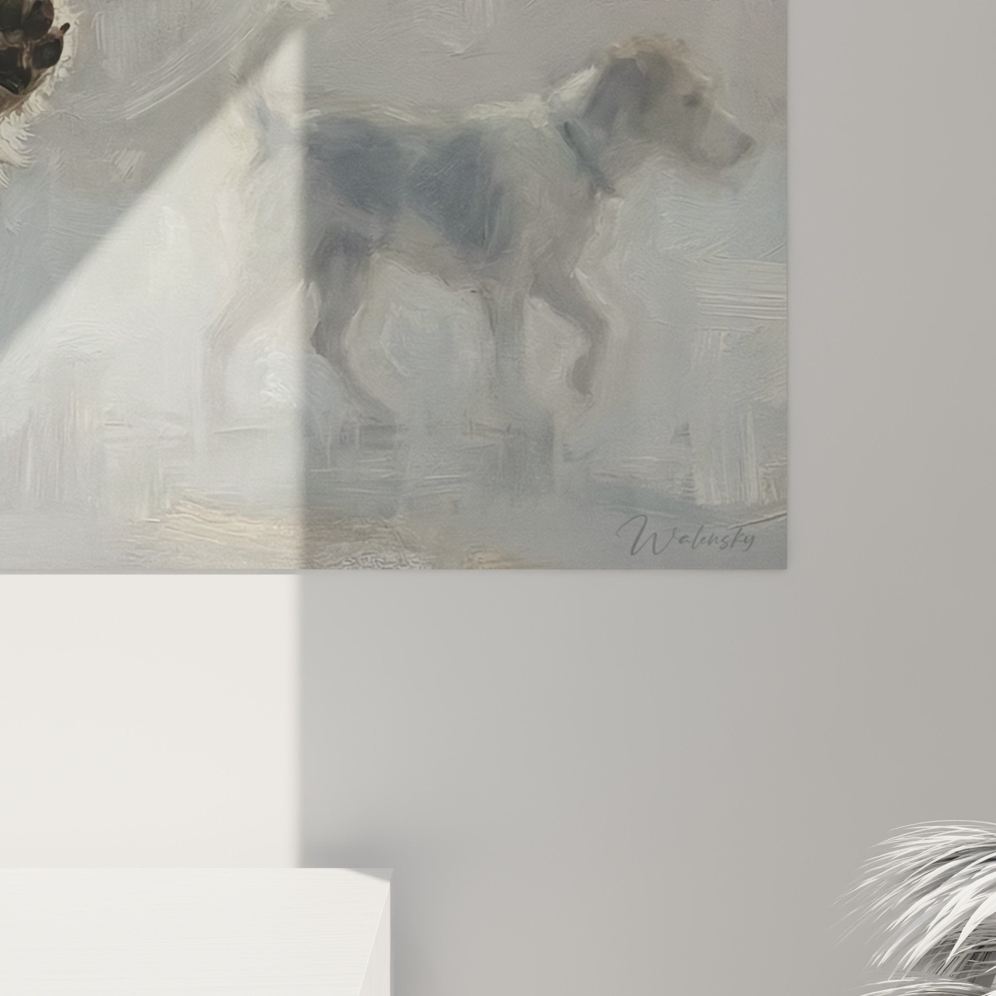 Vue ensemble tableau Fox Terrier sautant decoration interieur moderne tons doux