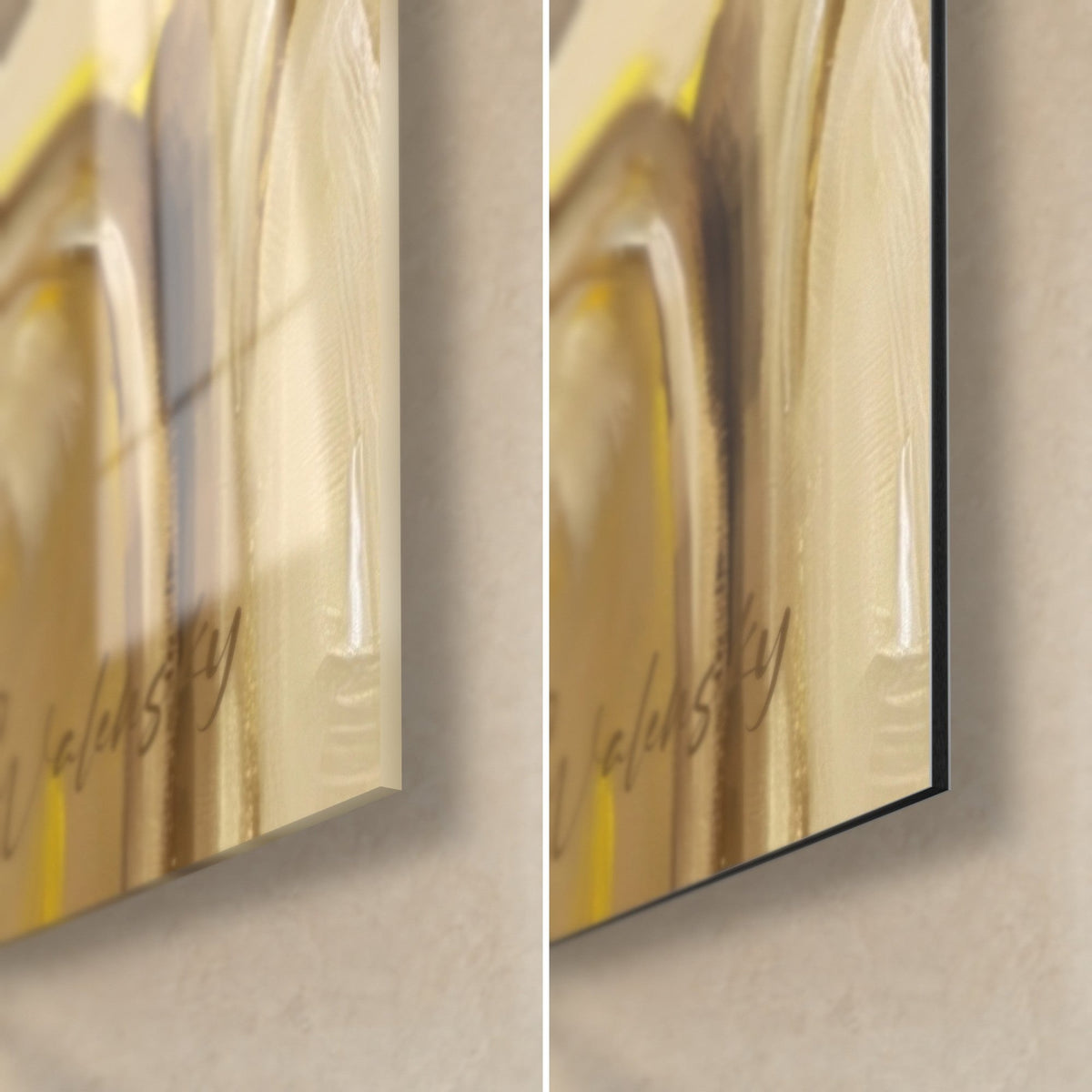 Tableau chien aux yeux écarquillés, traînée jaune citron en spirale, coin bas droit en verre brillant et Dibond mat