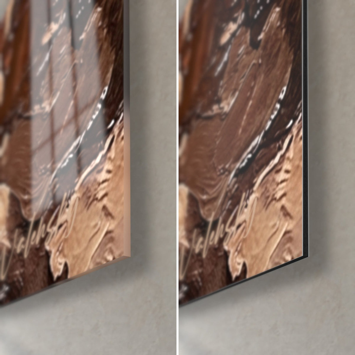 Gemälde strukturierter Hund, untere rechte Ecke: glänzendes Acrylglas, das links das Licht reflektiert, rechts mattes braunes Dibond, 3 mm Kante
