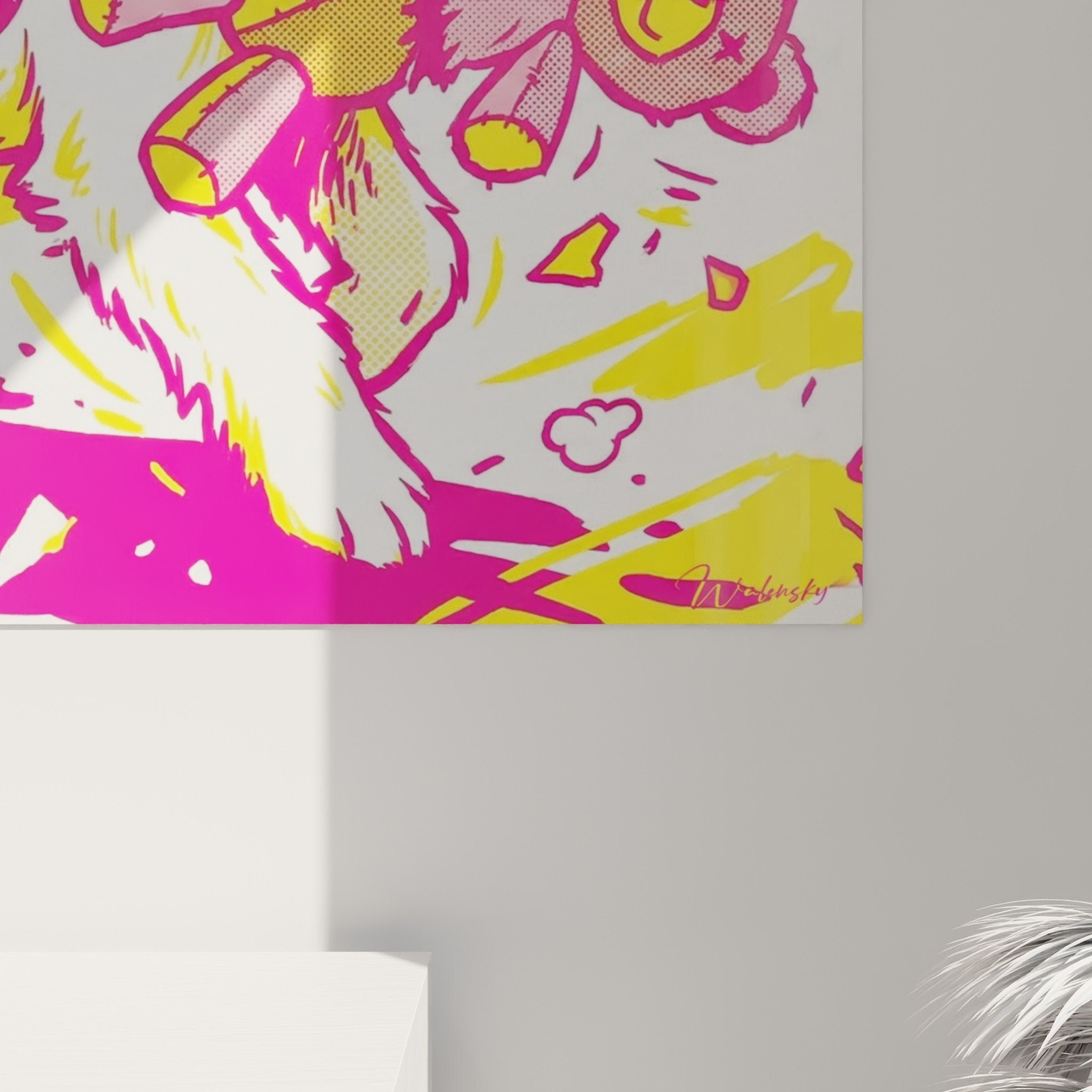 Gesamtansicht Pop-Art Wandbild Fox Terrier rosa gelb moderne Inneneinrichtung leuchtende Farben
