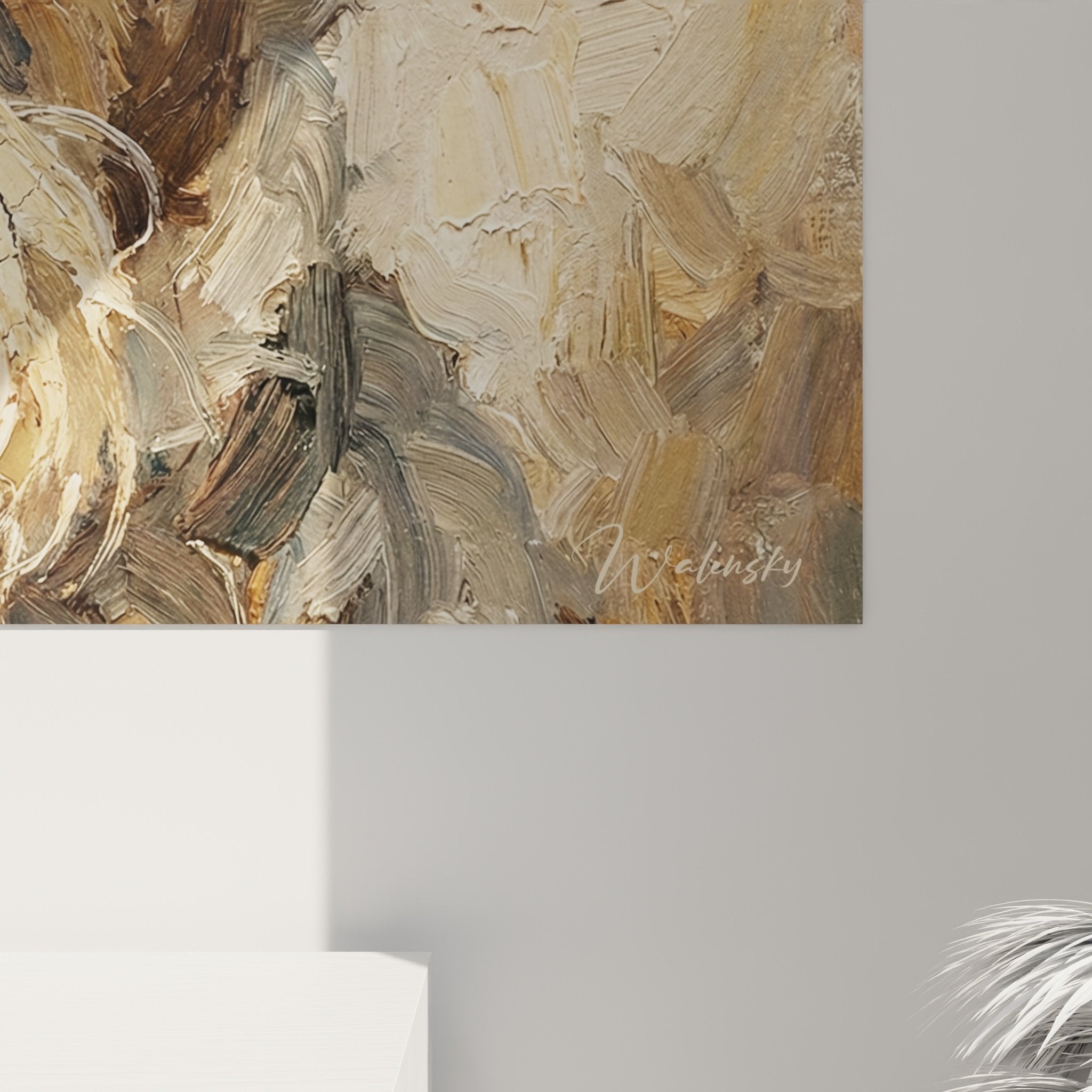 Vue d'ensemble tableau Fox Terrier mural, tons poudrés beiges, portrait chien artistique décoratif