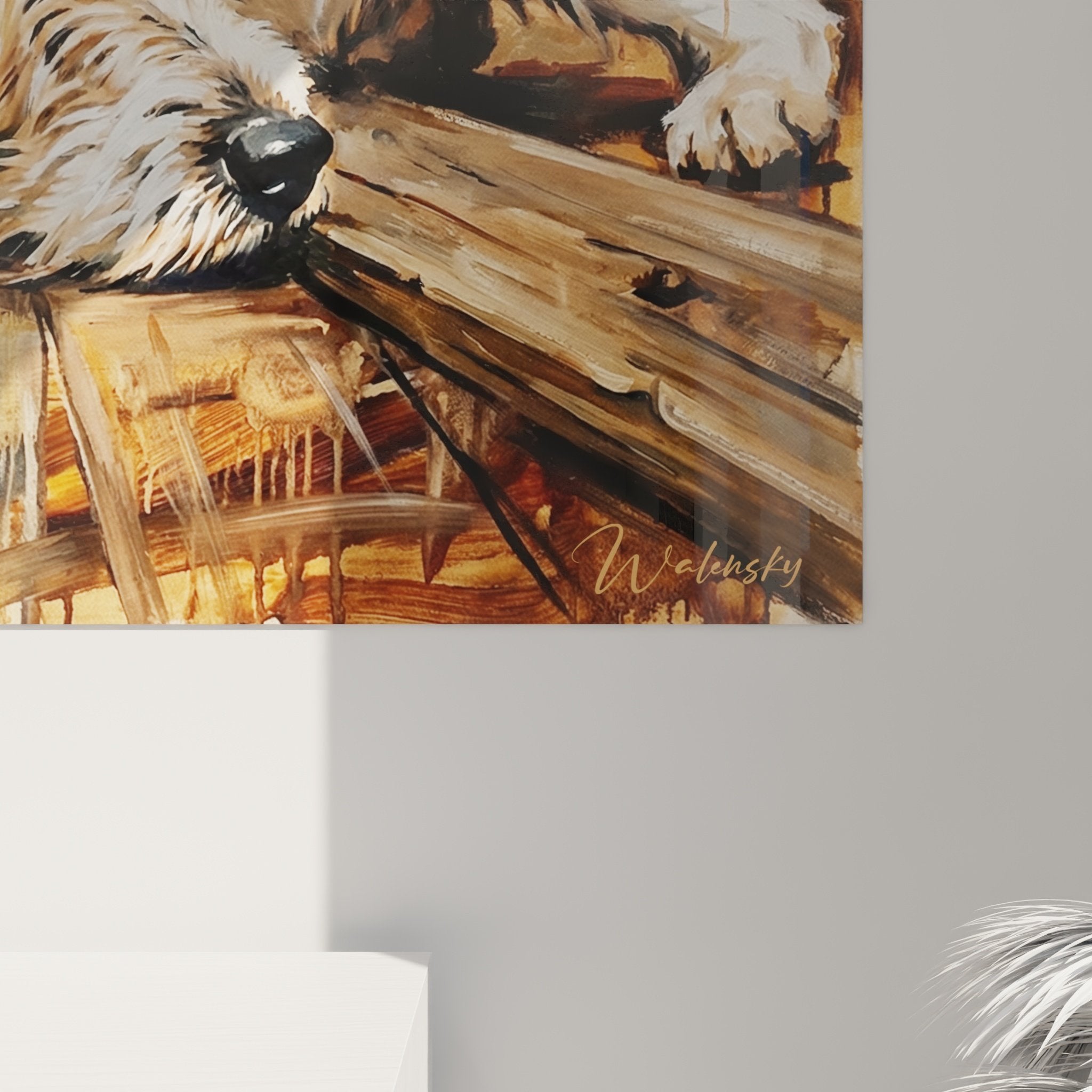 vue ensemble tableau mural fox terrier au repos style artistique moderne tons chauds
