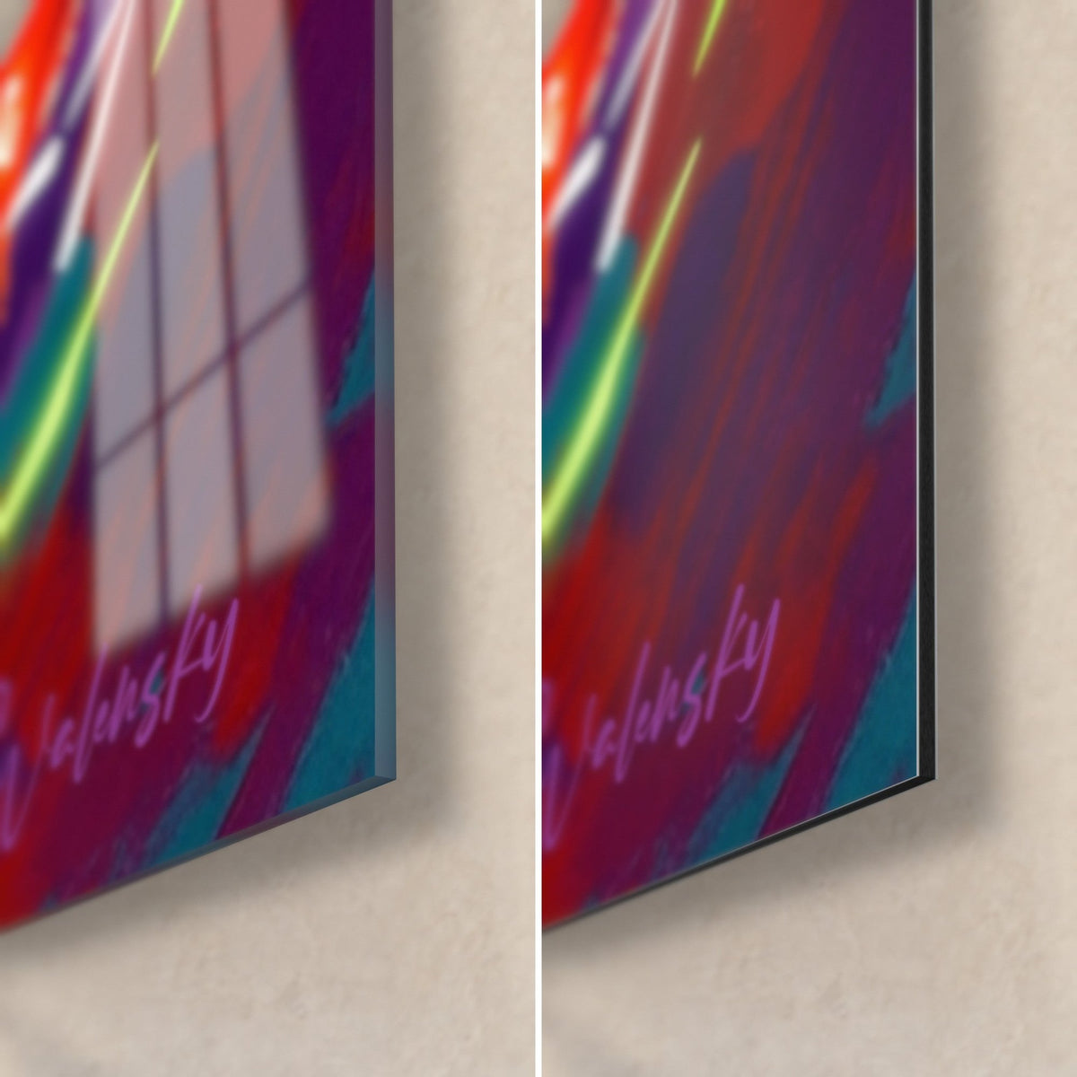 Wall art of a terrier with neon green highlights, bottom right corner: glossy acrylic glass on the left, matte purple and red Dibond on the right