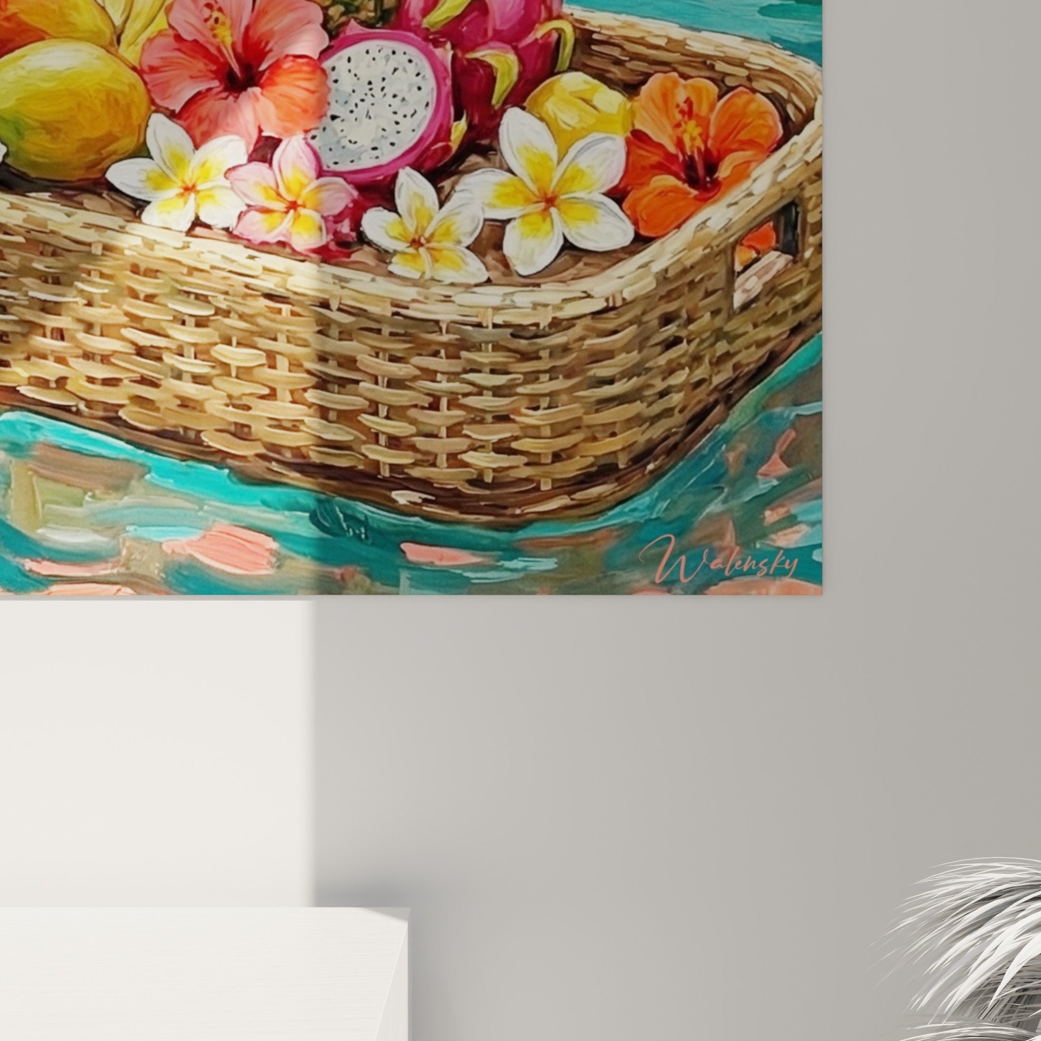 Vue ensemble tableau mural fruits exotiques fleurs hibiscus eaux cristallines decoration tropicale Bali