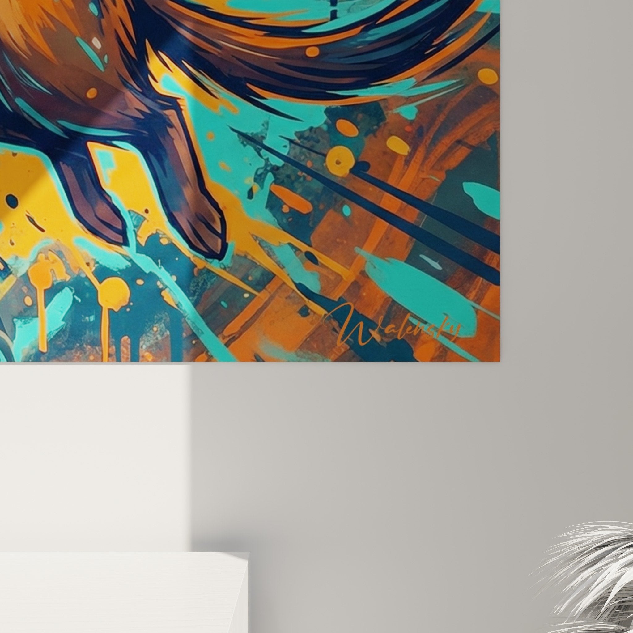 Vue ensemble tableau furet street art decoration interieure moderne couleurs turquoise orange