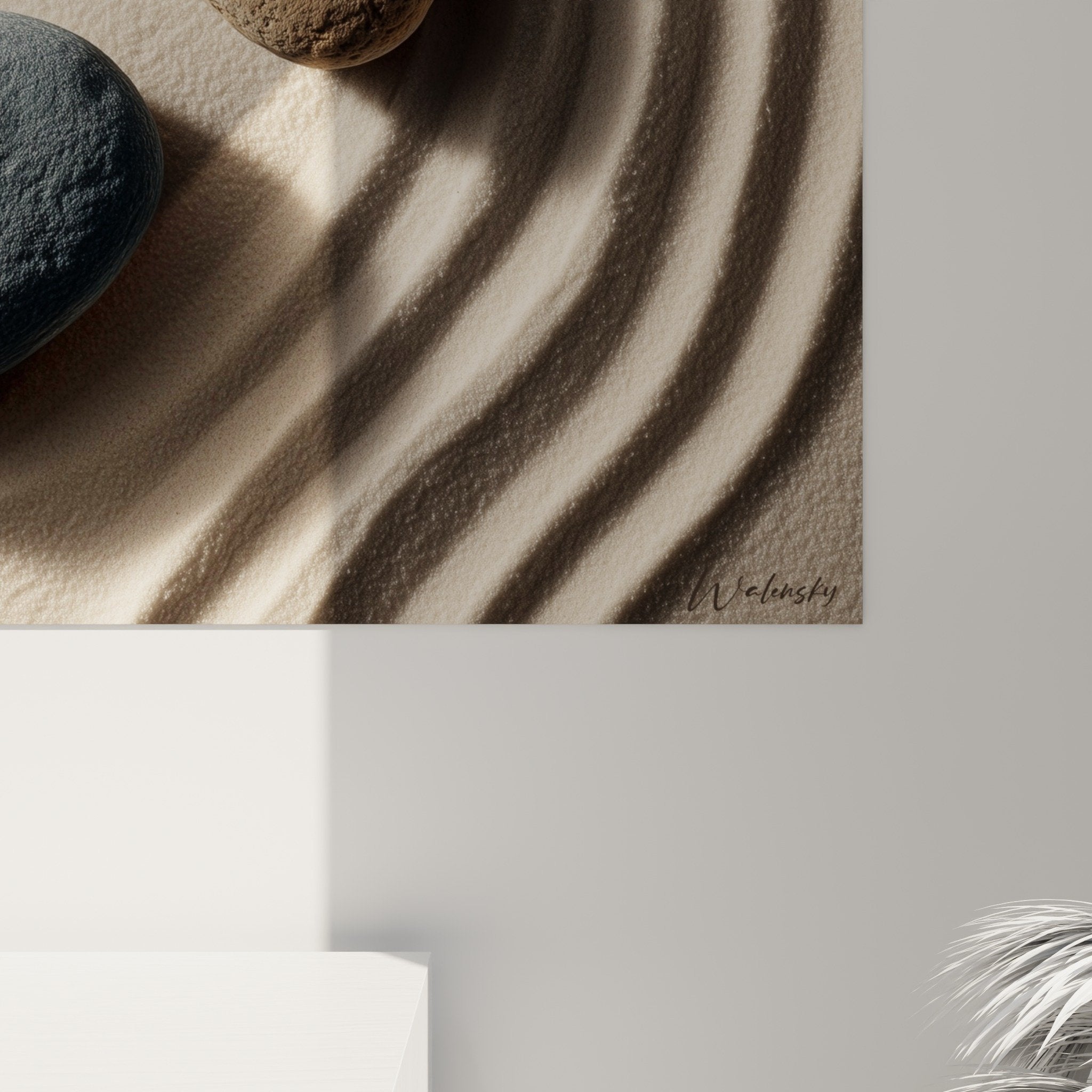 Vue ensemble tableau galets zen sable déco murale naturelle apaisante harmonie teintes neutres minérales