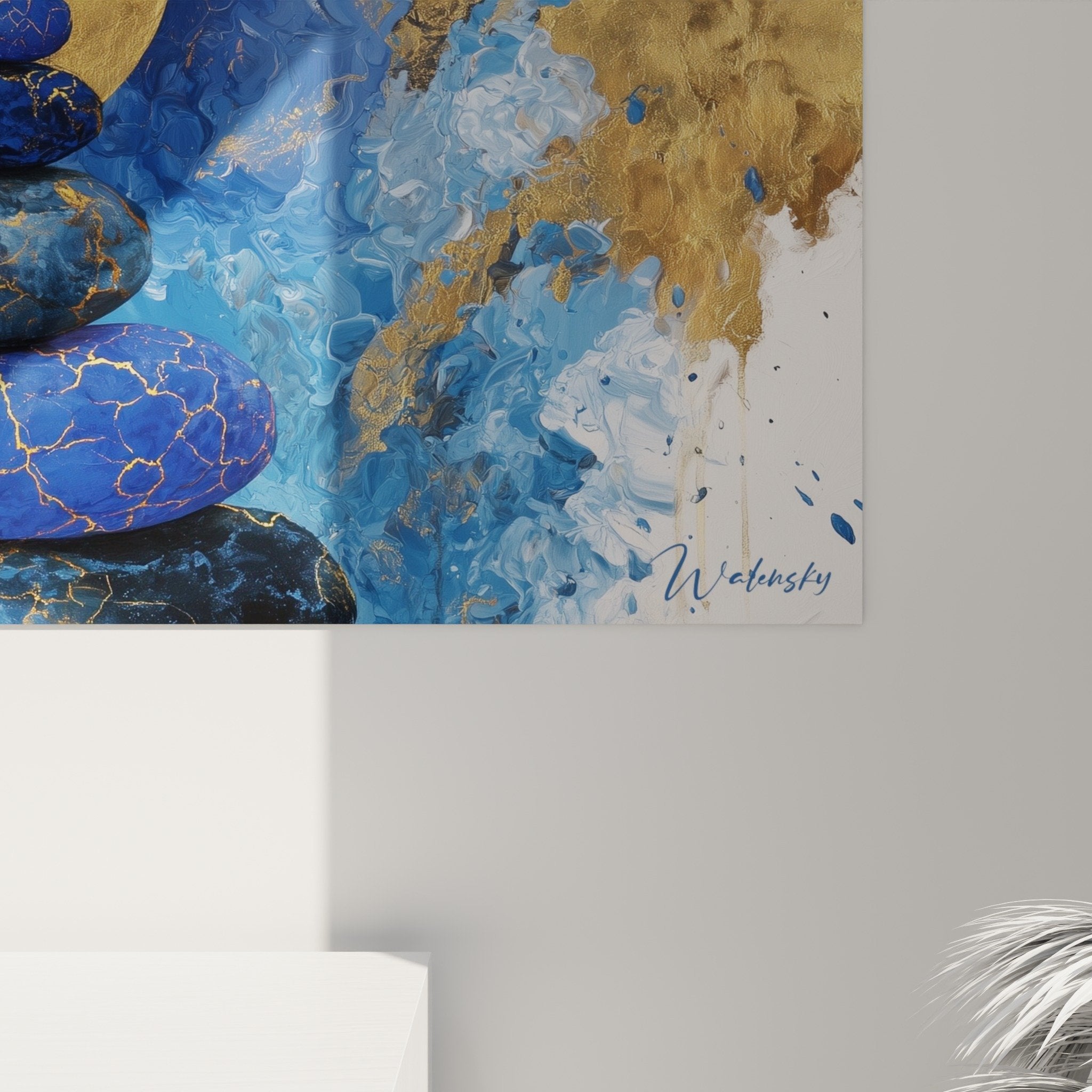 Vue ensemble tableau galets zen bleu or explosion couleurs harmonie feng shui décoration