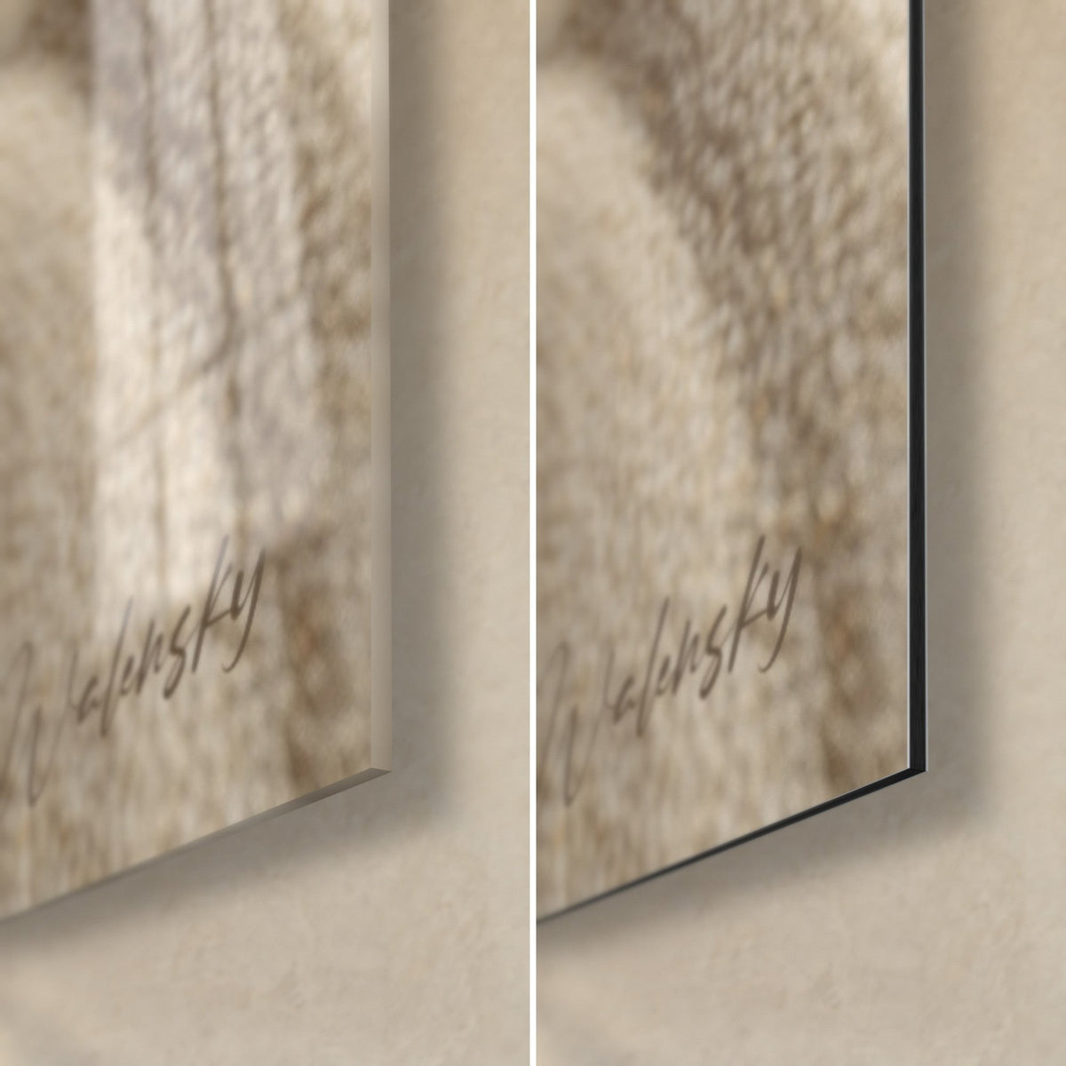 Wall art with zen pebbles on striped beige sand, bottom right corner: glossy acrylic glass on the left, matte black Dibond aluminium on the right, 3 mm edge