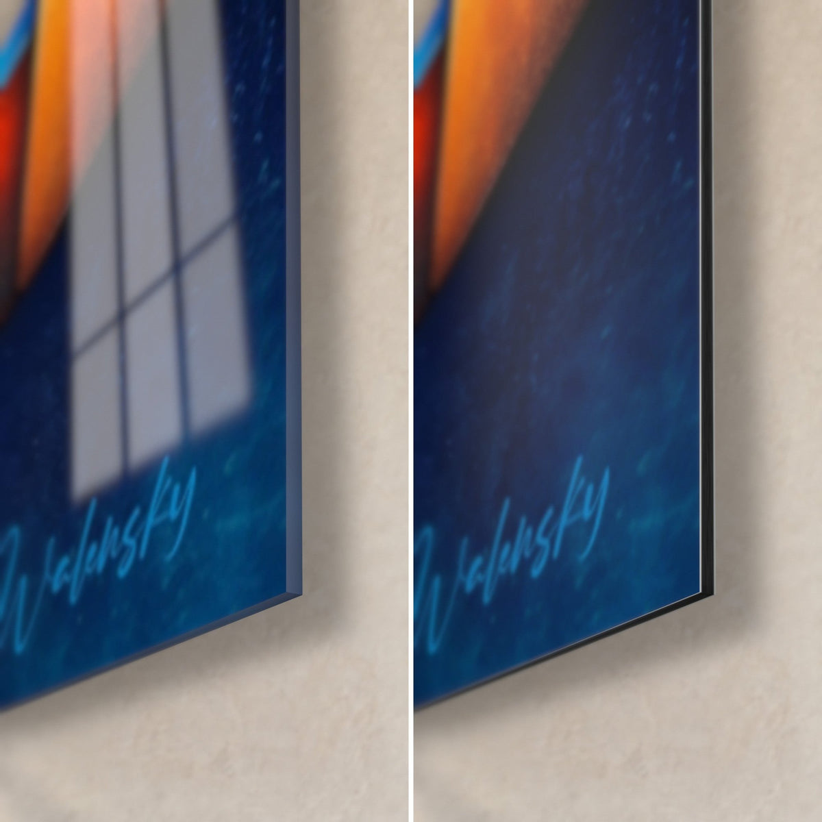 Wall art with navy blue and orange geometric shapes, bottom right corner, Walensky signature, glossy acrylic glass and matte Dibond, 3 mm thickness