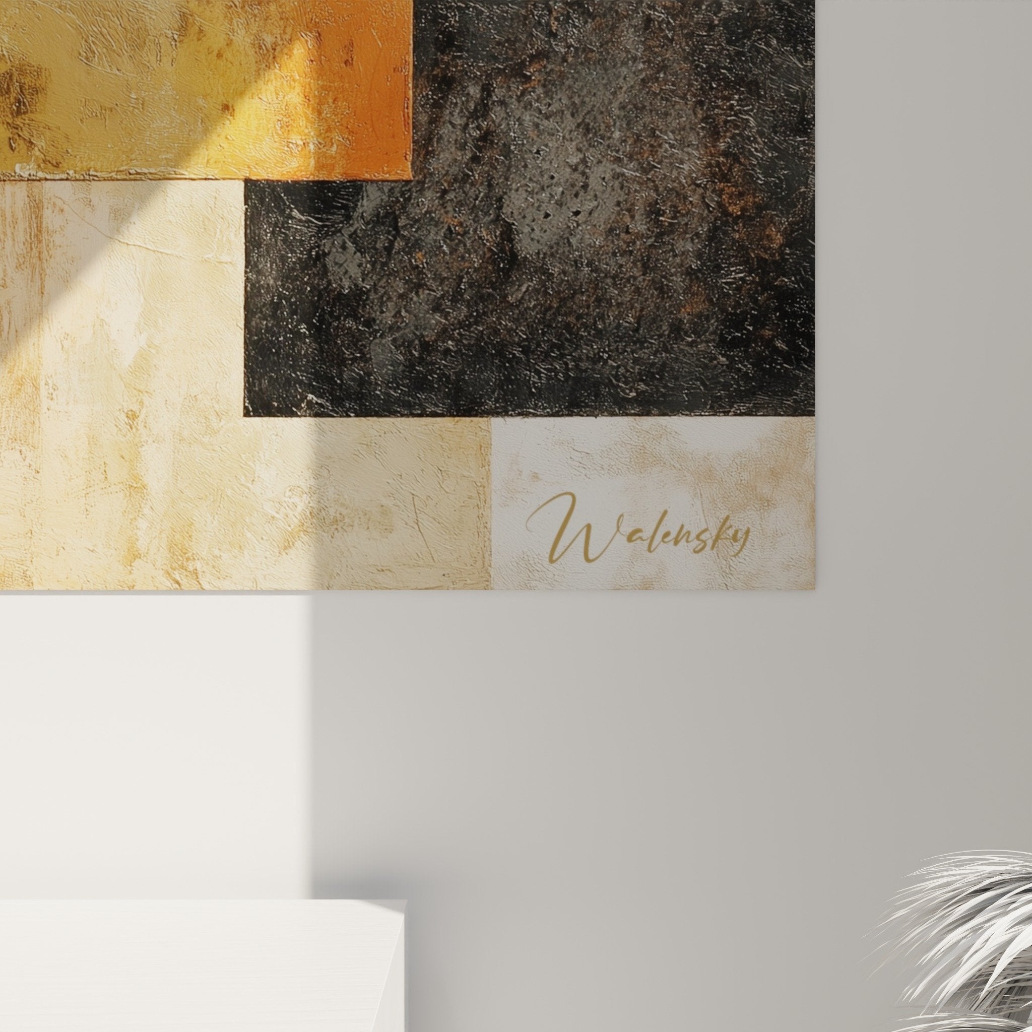 vue ensemble tableau geometrique abstrait cercles rectangles palette rouge ocre beige dore sur mur blanc