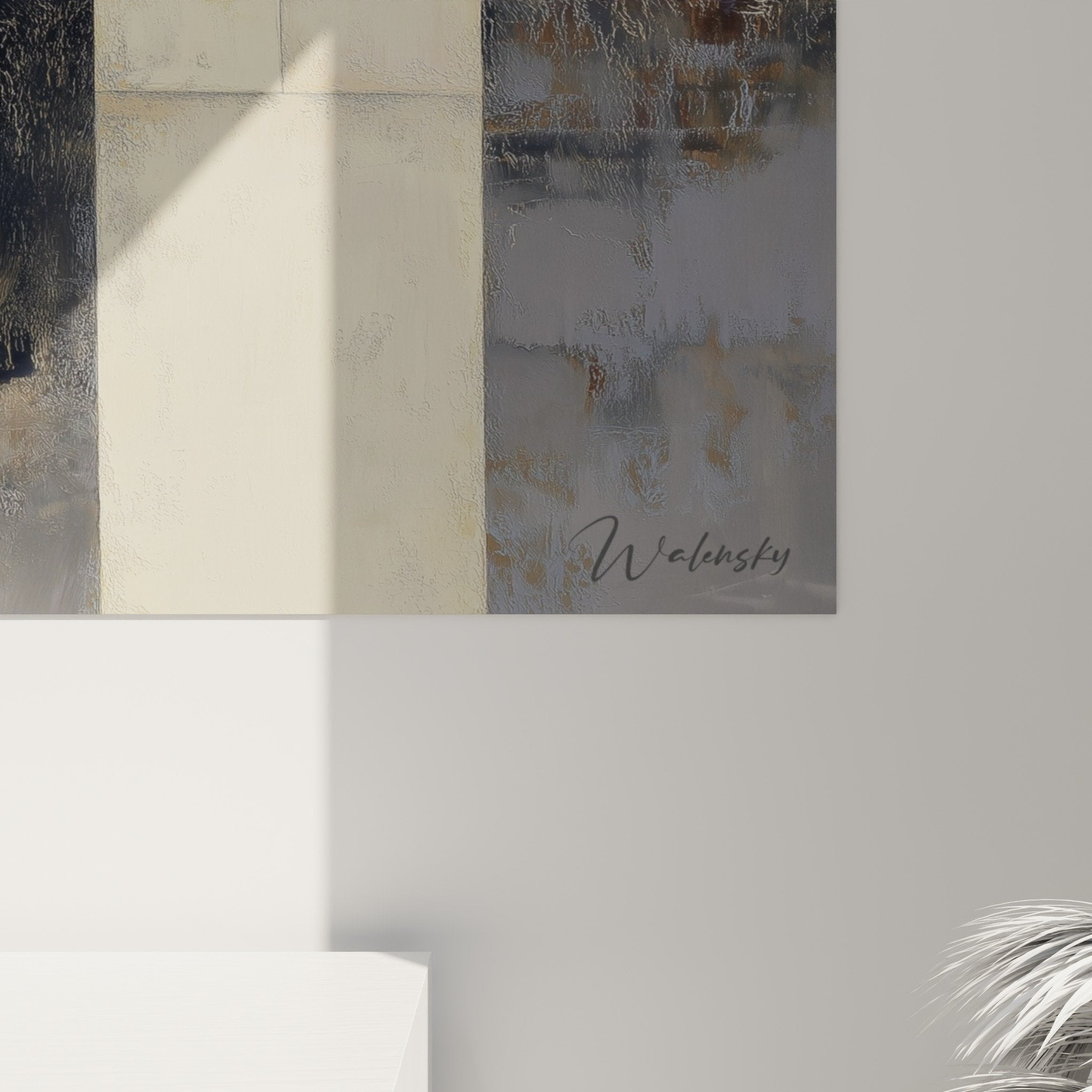 Vue ensemble tableau geometrique abstrait beige gris noir decoration interieur contemporain