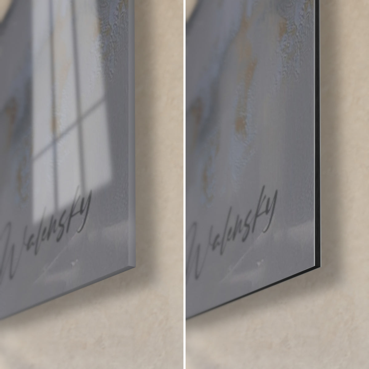 Wall art beige and black mineral composition, bottom right corner, glossy acrylic glass on the left, matt Dibond aluminium on the right, 3 mm edge