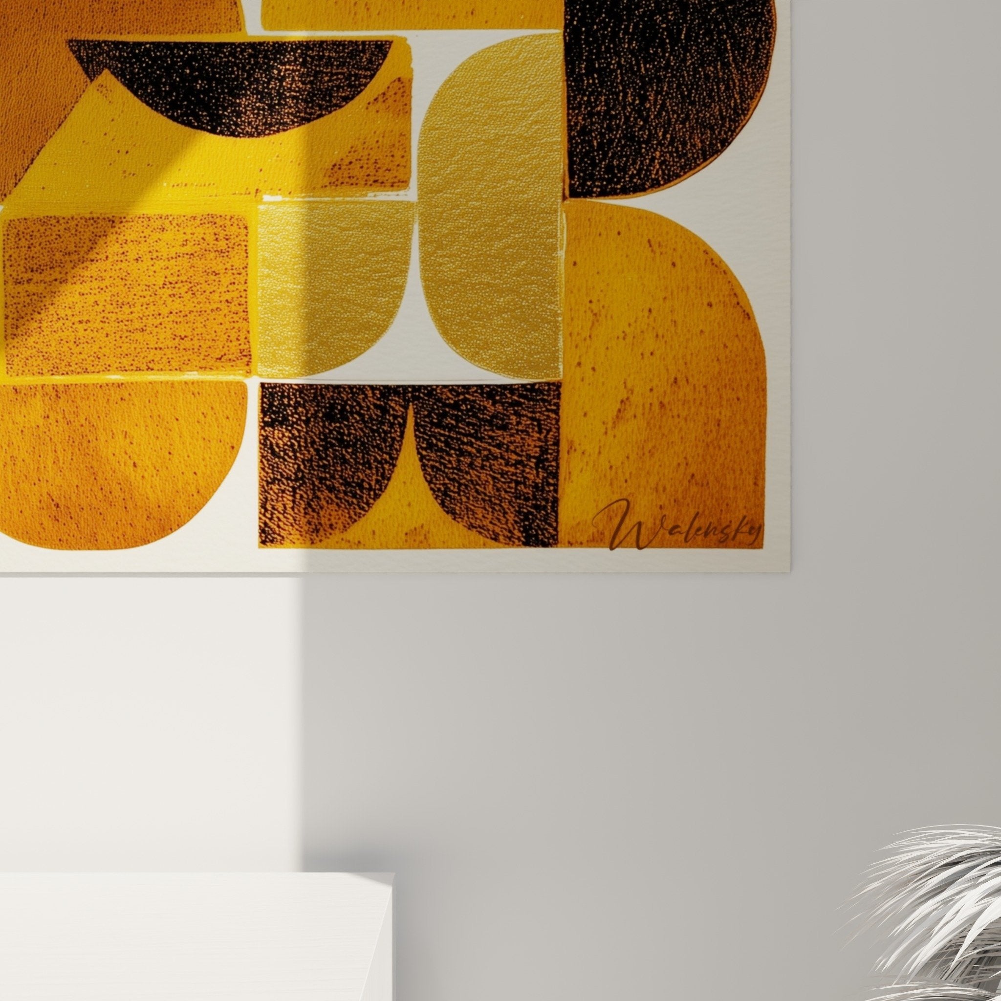 Vue ensemble tableau mural geometrique orange brun feng shui centre terre decoration interieure