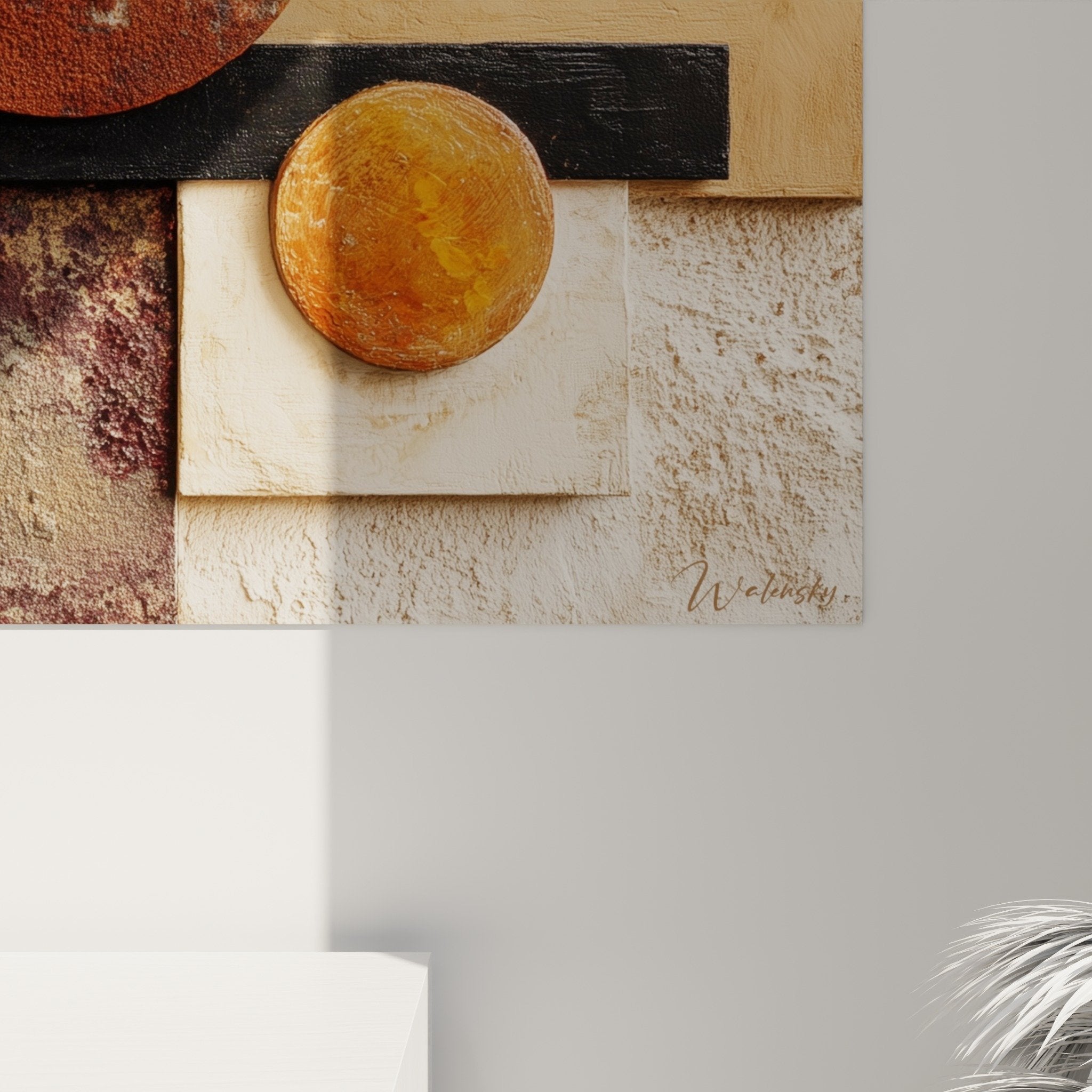 Vue ensemble tableau abstrait geometrique tons ocre rouge beige elements relief feng shui