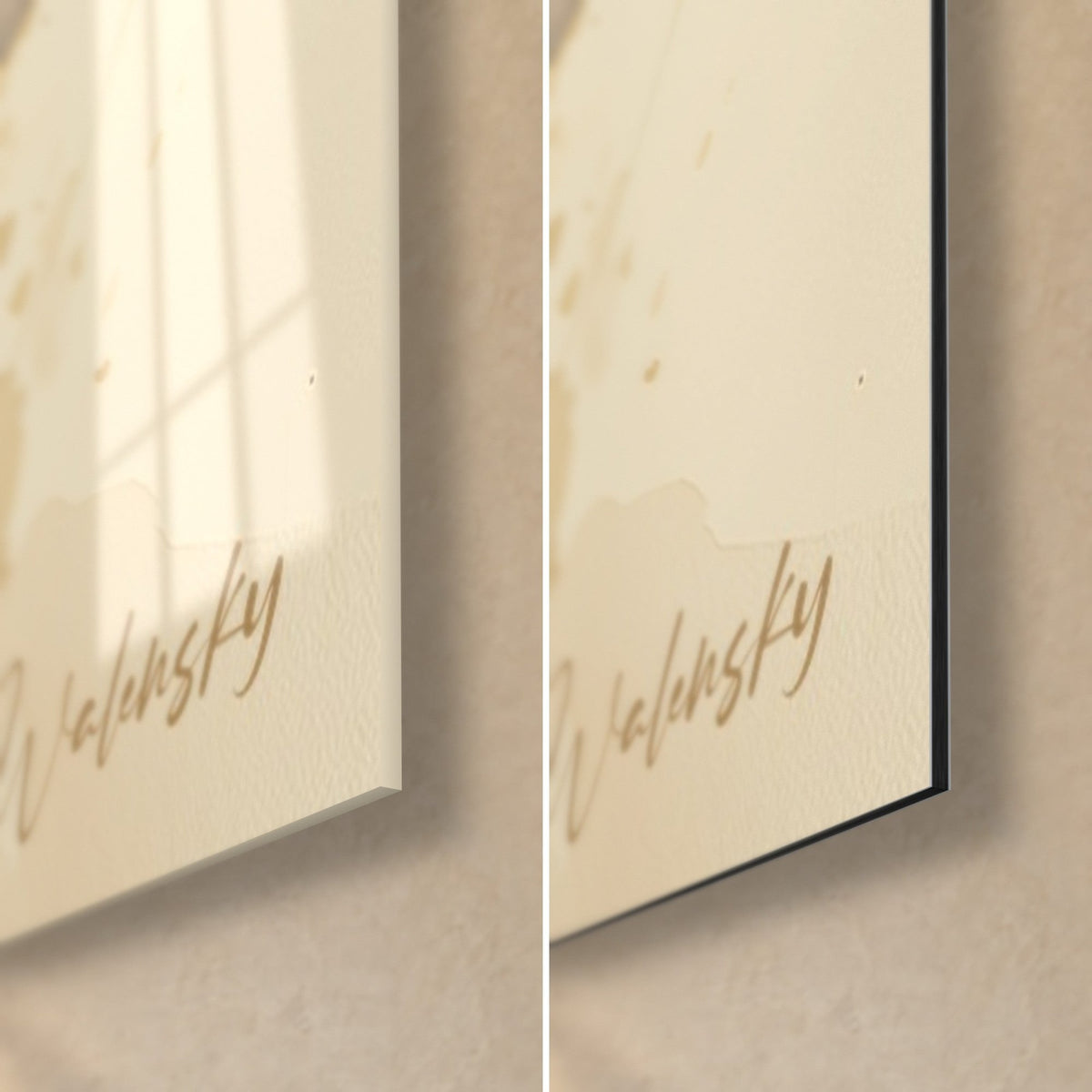 Schilderij gouden ginkgotak, rechtsonder in de hoek: glanzend acrylglas links, mat geborsteld Dibond-aluminium rechts, Walensky-handtekening, rand van 3 mm
