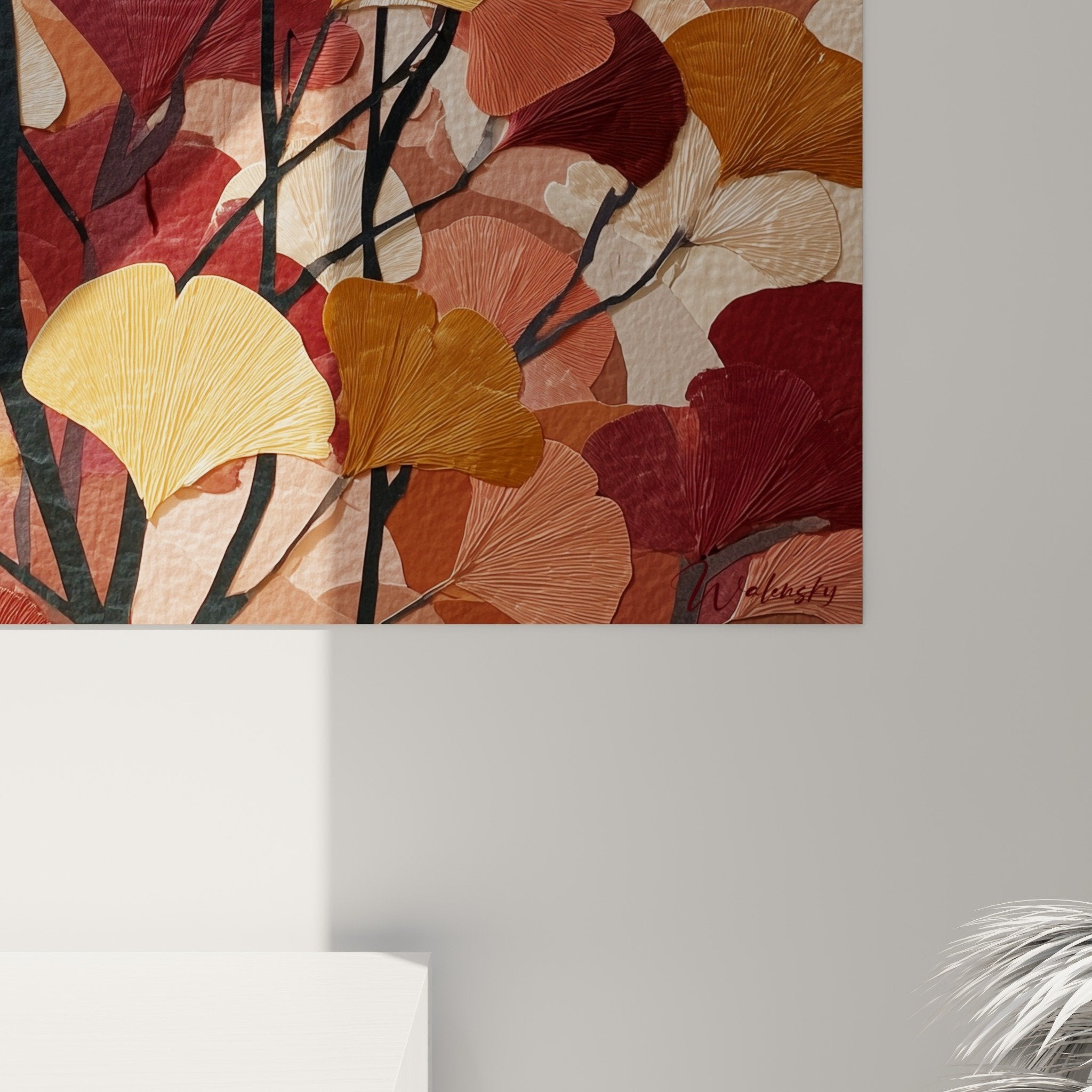 Vue ensemble tableau ginkgo automnal palette corail bordeaux ocre decoration interieur moderne art mural