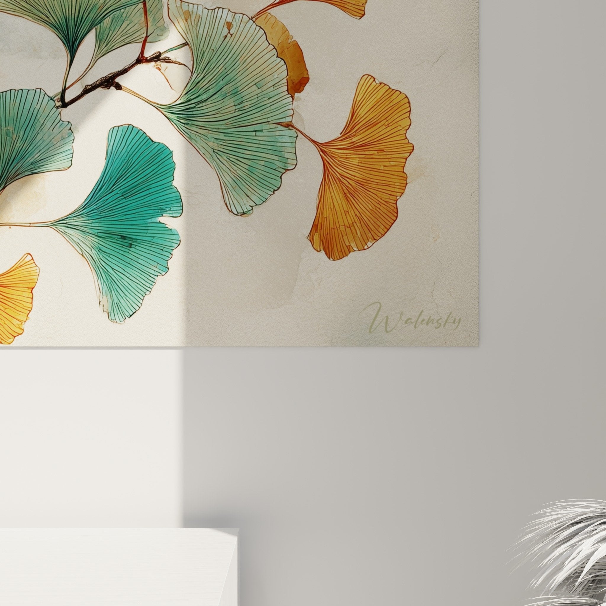 Vue ensemble tableau ginkgo coloré turquoise orange ambiance décorative contemporaine
