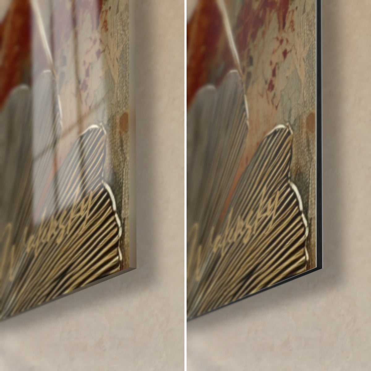 Tableau ginkgo doré et rouille, coin bas droit : verre acrylique brillant à gauche, alu Dibond mat à droite, tranche de 3 mm