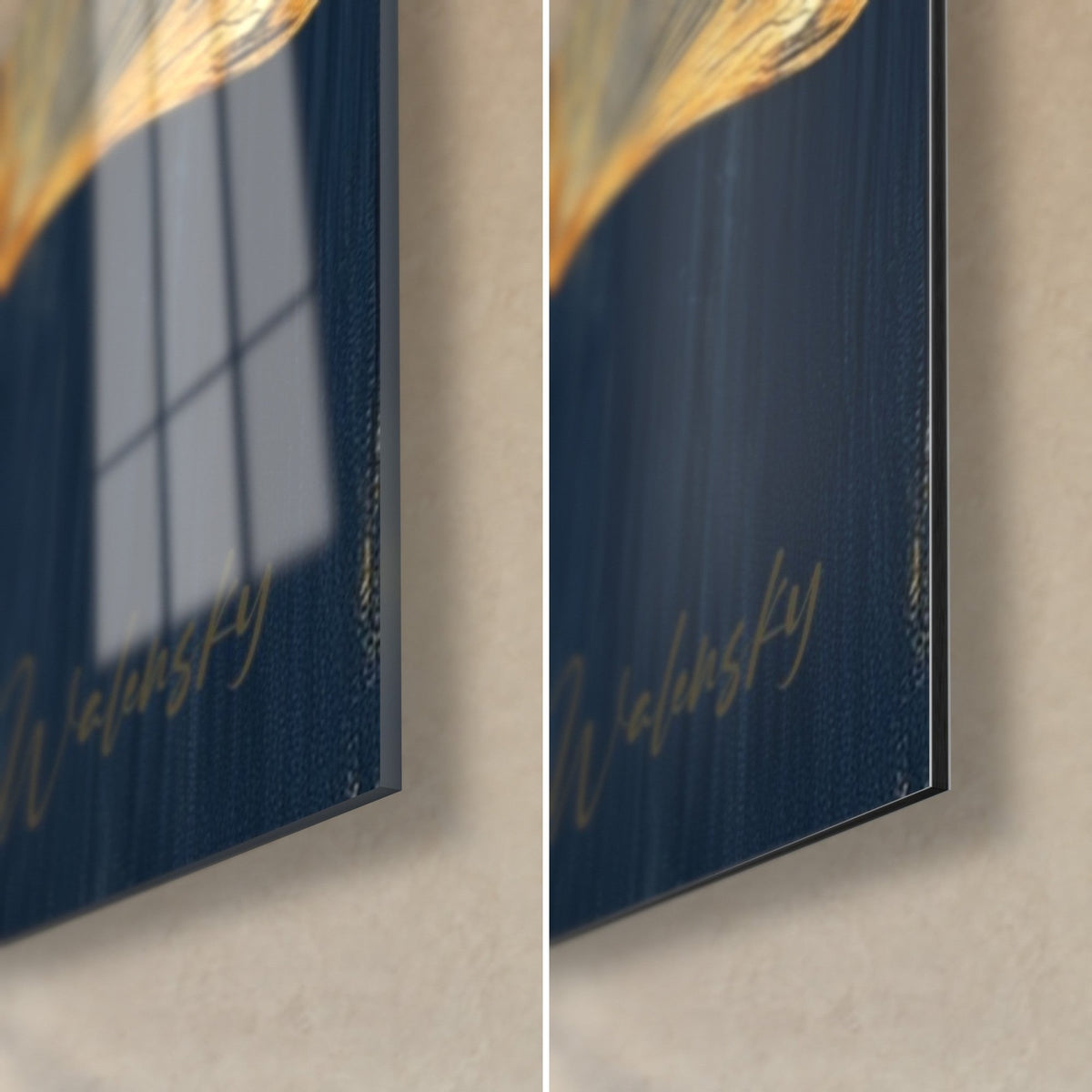Cuadro de ginkgo dorado y azul marino, esquina inferior derecha en cristal brillante y aluminio Dibond mate, canto de 3 mm, firma