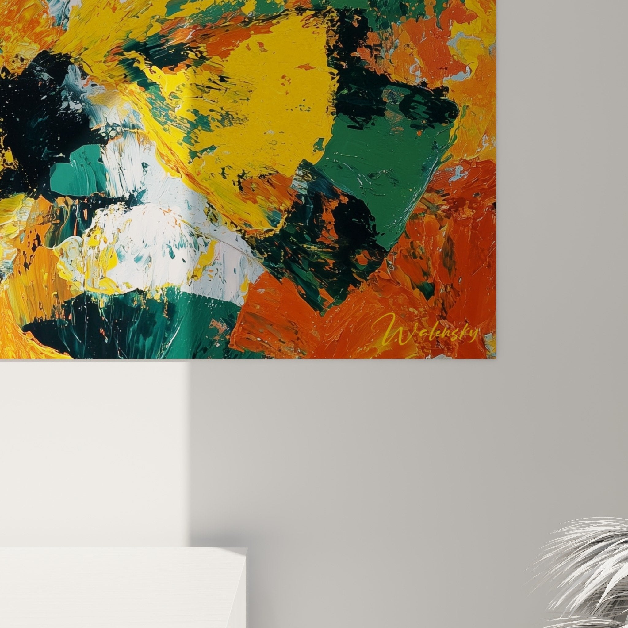 Vue ensemble tableau ginkgo automnal decoration interieure moderne tons chauds