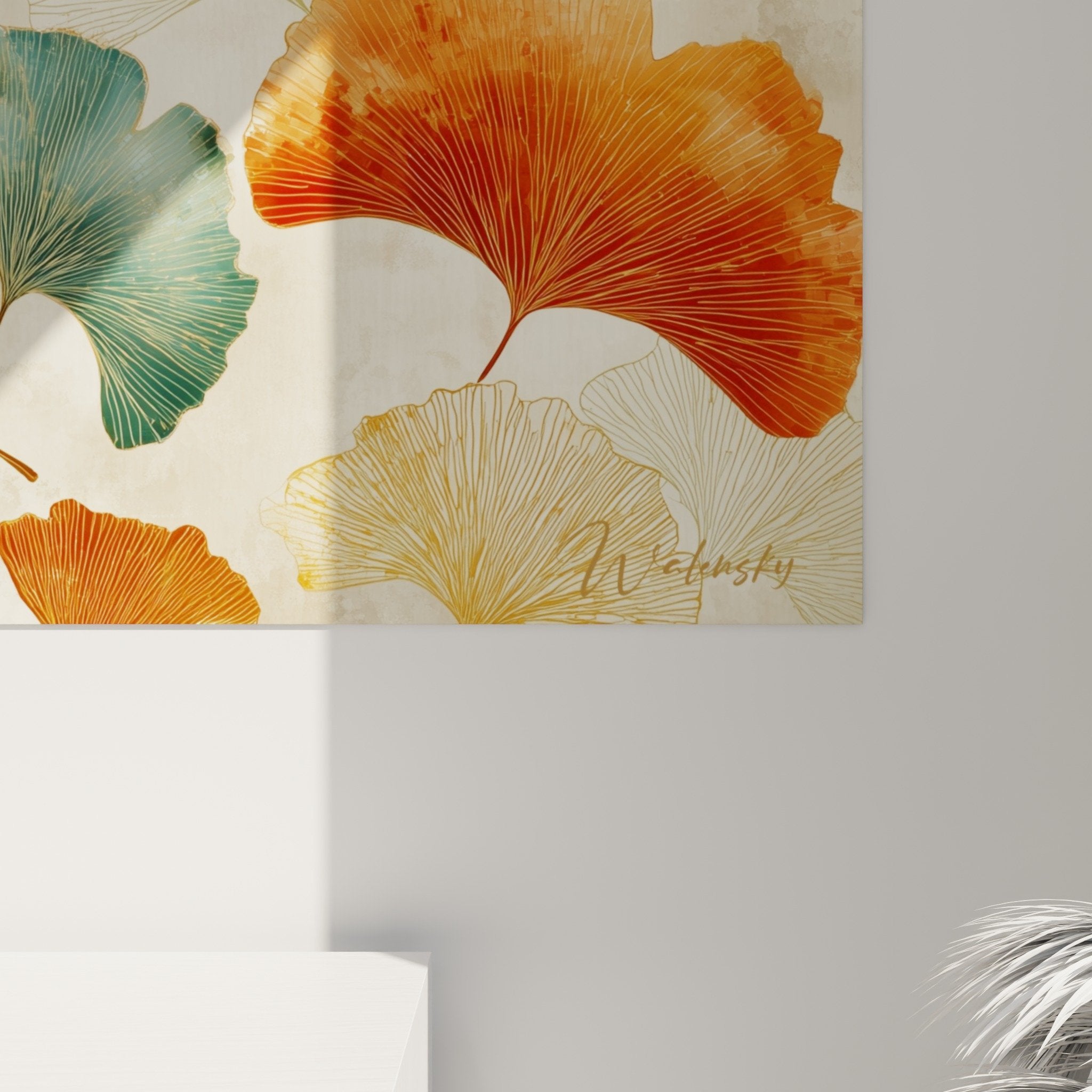 Gesamtansicht des mehrfarbigen Ginkgo-Gemäldes Wanddekoration modernes Wohnzimmer Herbstfarben